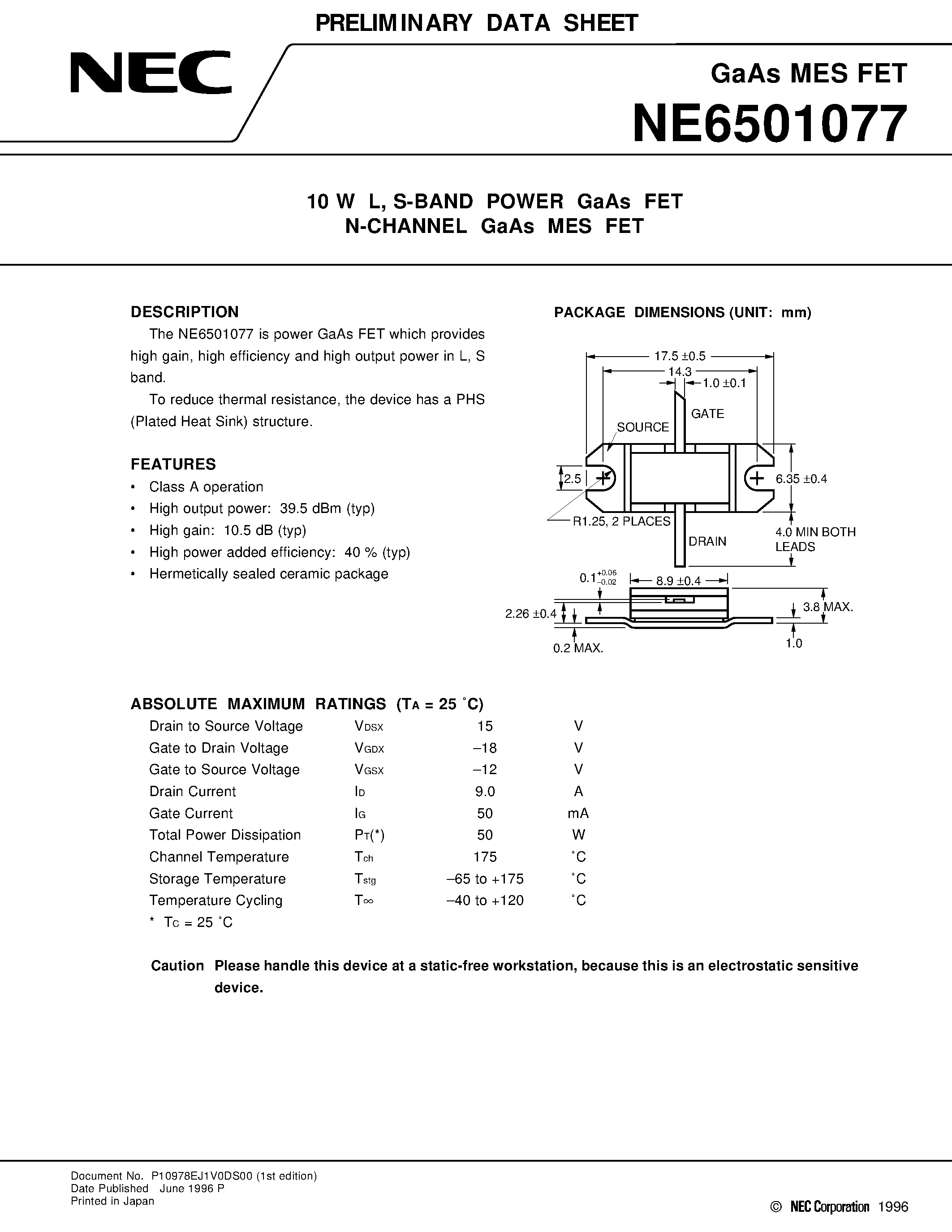 Datasheet NE6501077 - 10 W L / S-BAND POWER GaAs FET N-CHANNEL GaAs MES FET page 1