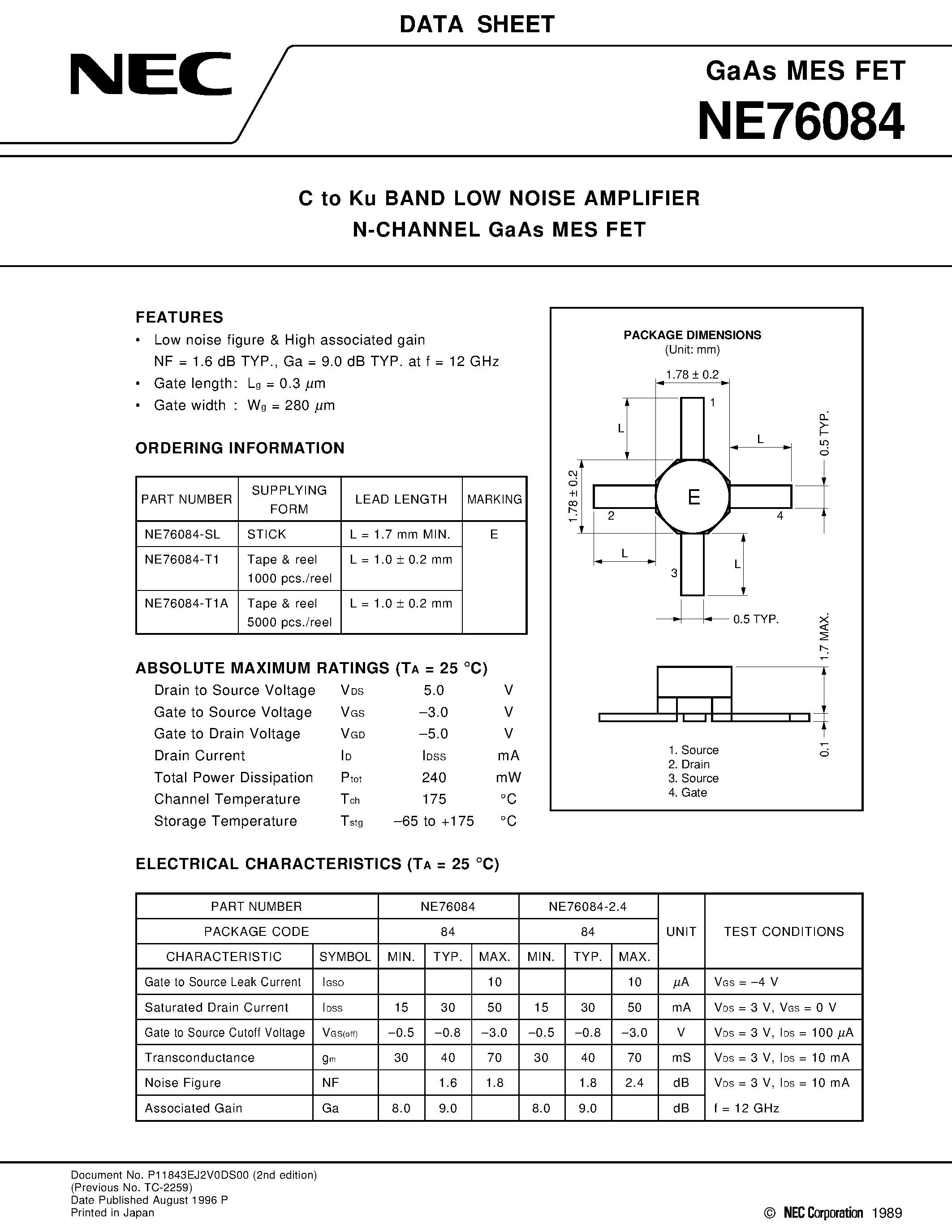 Datasheet NE76084 - C to Ku BAND LOW NOISE AMPLIFIER N-CHANNEL GaAs MES FET page 1