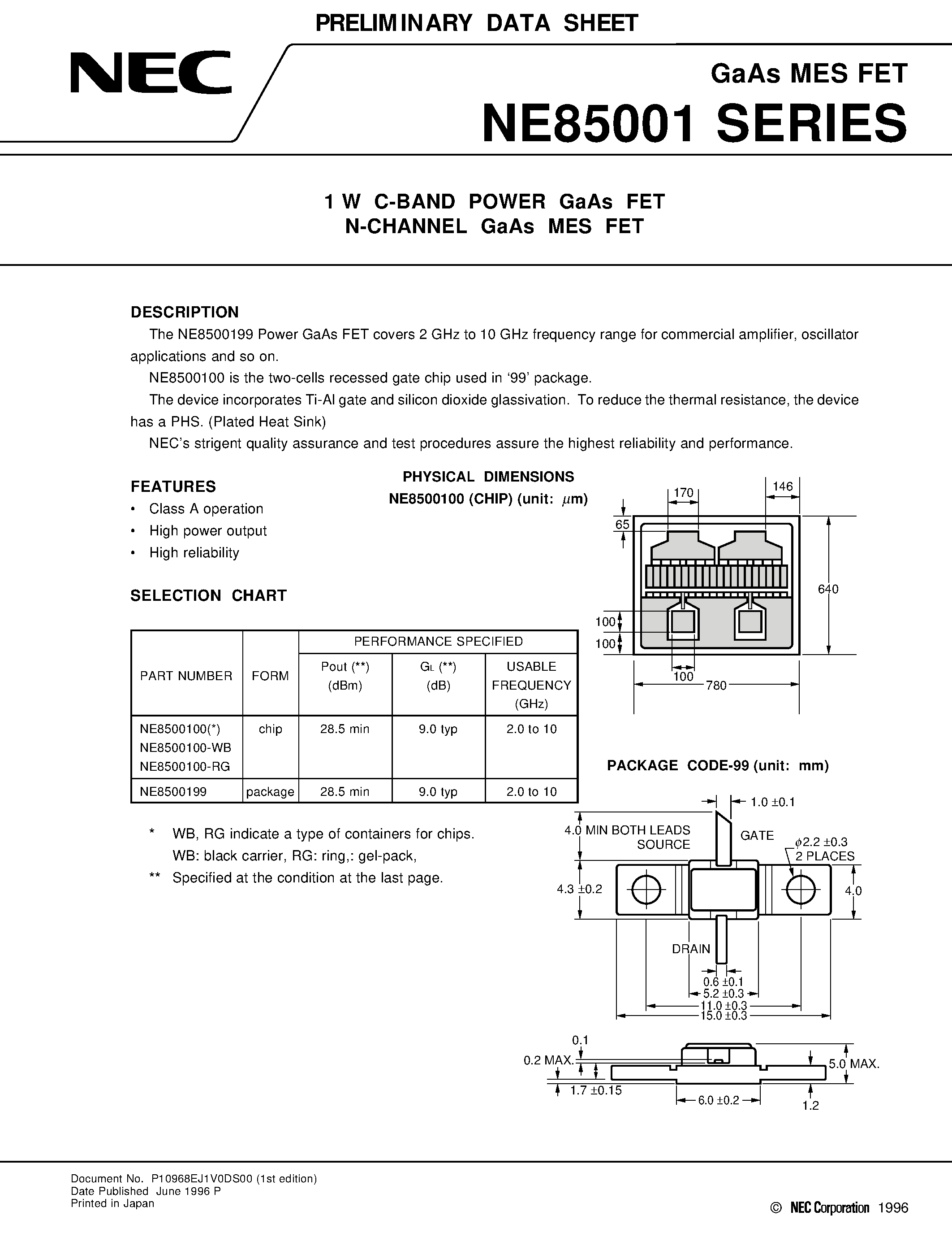 Datasheet NE85001 - 1 W C-BAND POWER GaAs FET N-CHANNEL GaAs MES FET page 1