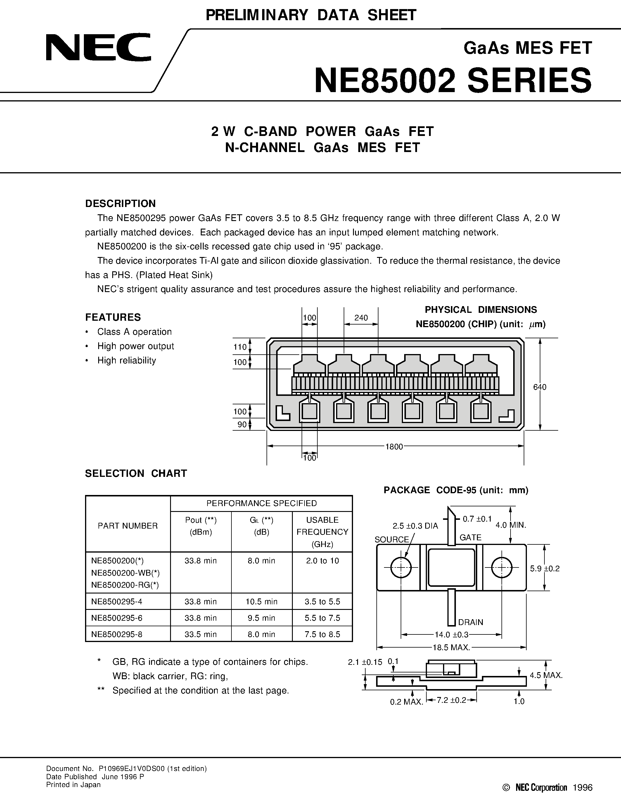 Даташит NE85002 - 2 W C-BAND POWER GaAs FET N-CHANNEL GaAs MES FET страница 1