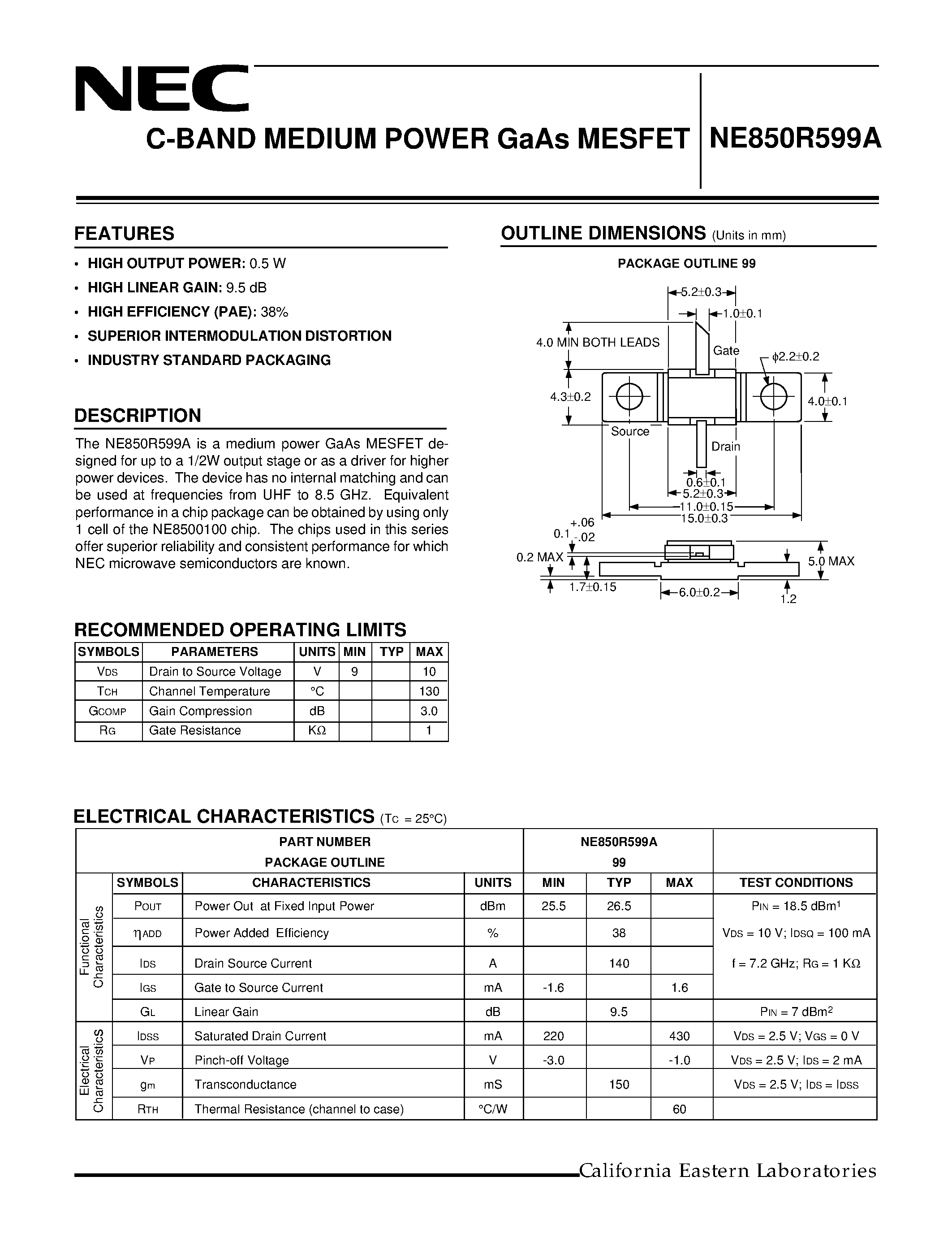 Datasheet NE850R599A - C-BAND MEDIUM POWER GaAs MESFET page 1