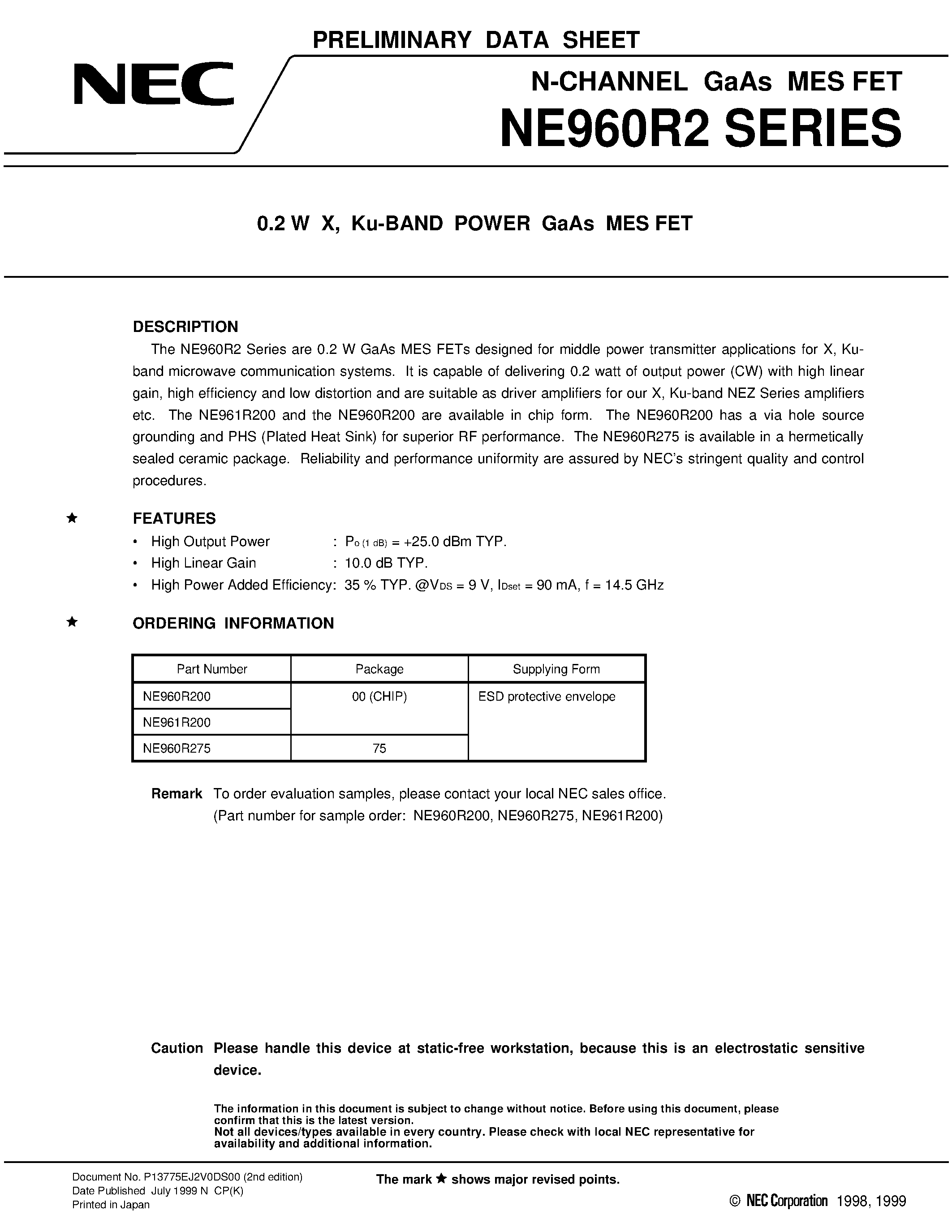 Даташит NE960R2 - 0.2 W X / Ku-BAND POWER GaAs MES FET страница 1