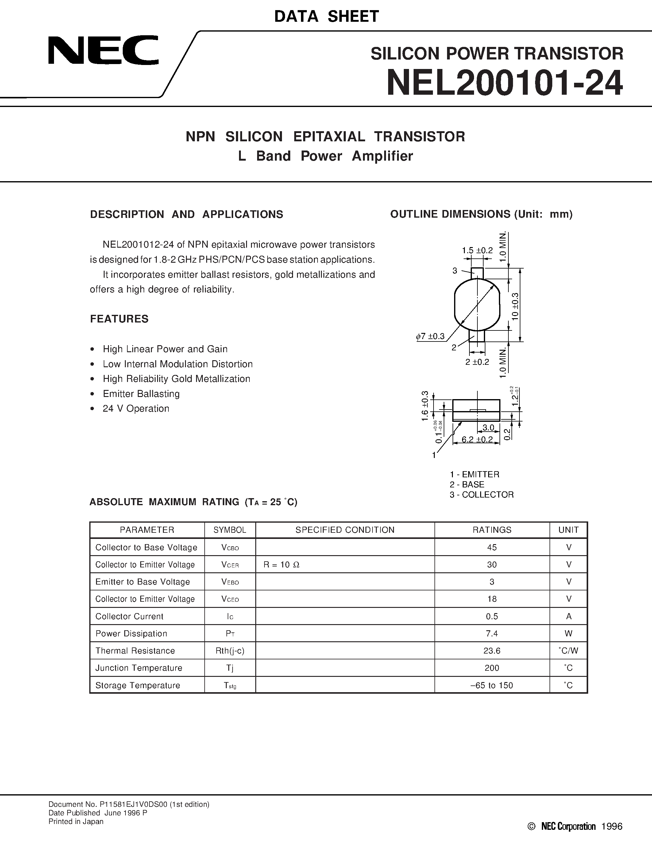 Datasheet NEL200101-24 - NPN SILICON EPITAXIAL TRANSISTOR L Band Power Amplifier page 1