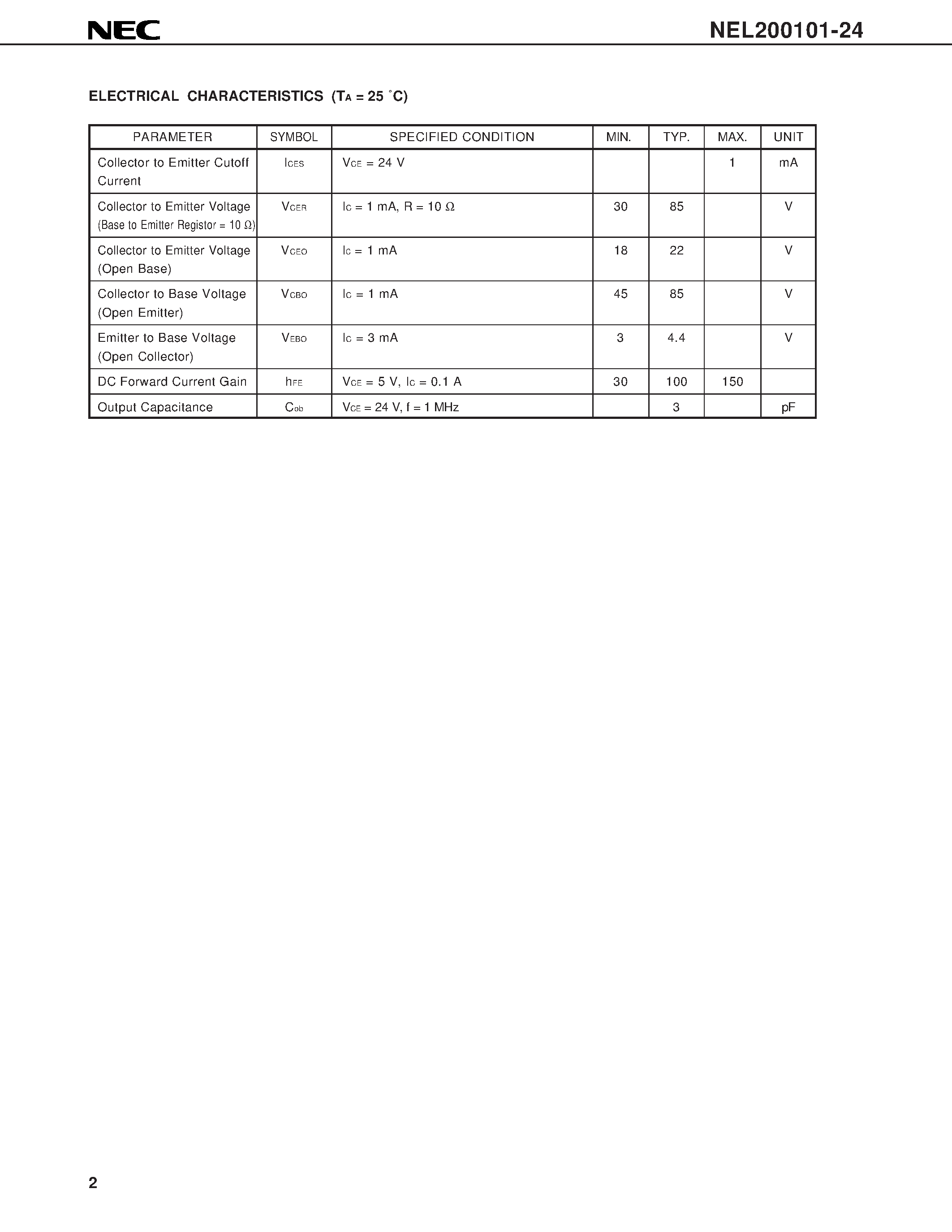 Datasheet NEL200101-24 - NPN SILICON EPITAXIAL TRANSISTOR L Band Power Amplifier page 2