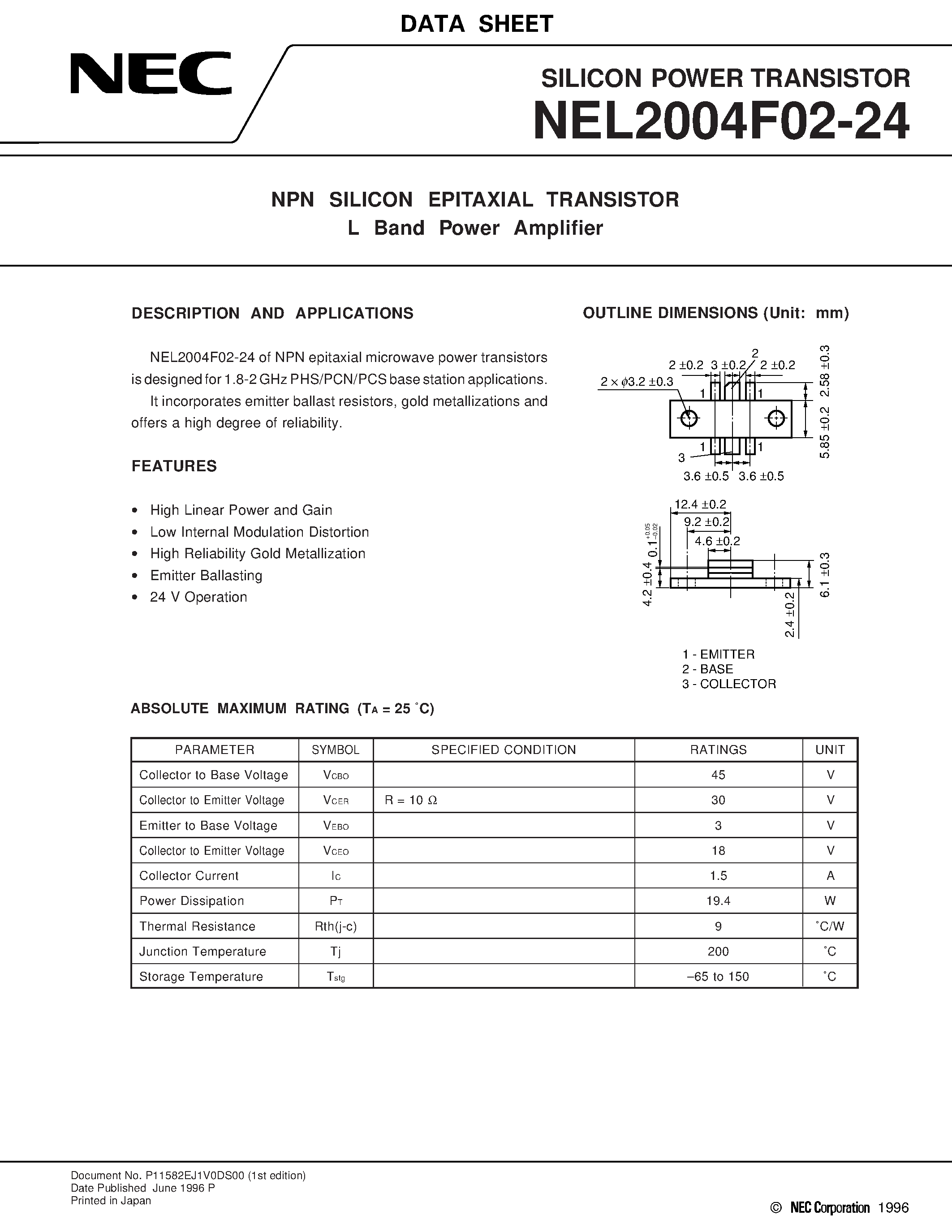 Datasheet NEL2004F02-24 - NPN SILICON EPITAXIAL TRANSISTOR L Band Power Amplifier page 1