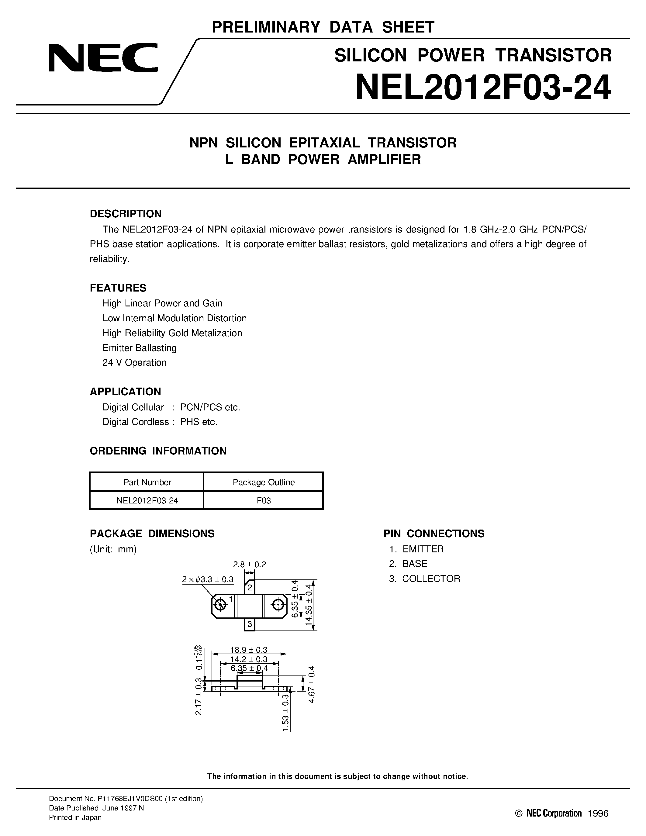 Datasheet NEL2012F03-24 - NPN SILICON EPITAXIAL TRANSISTOR L BAND POWER AMPLIFIER page 1