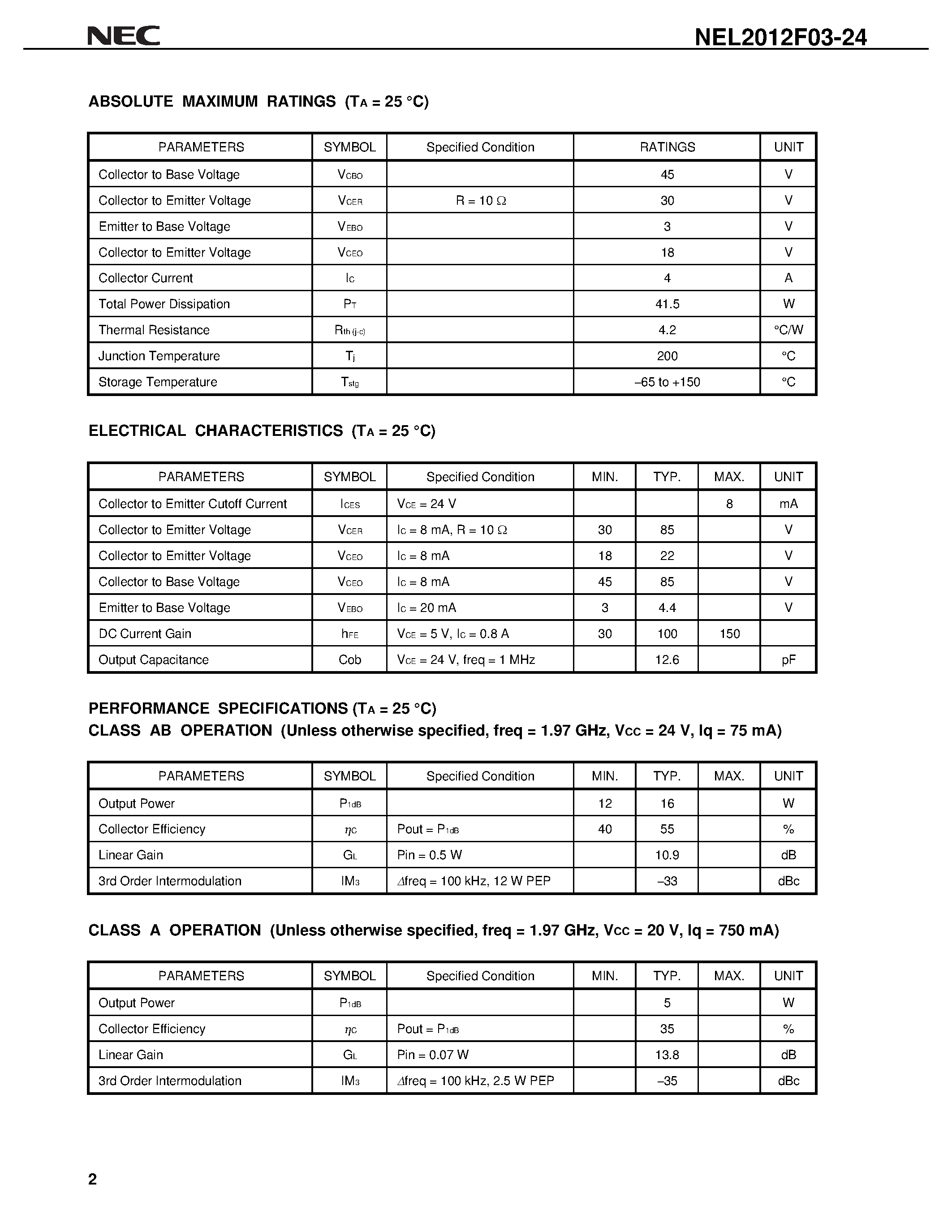 Datasheet NEL2012F03-24 - NPN SILICON EPITAXIAL TRANSISTOR L BAND POWER AMPLIFIER page 2