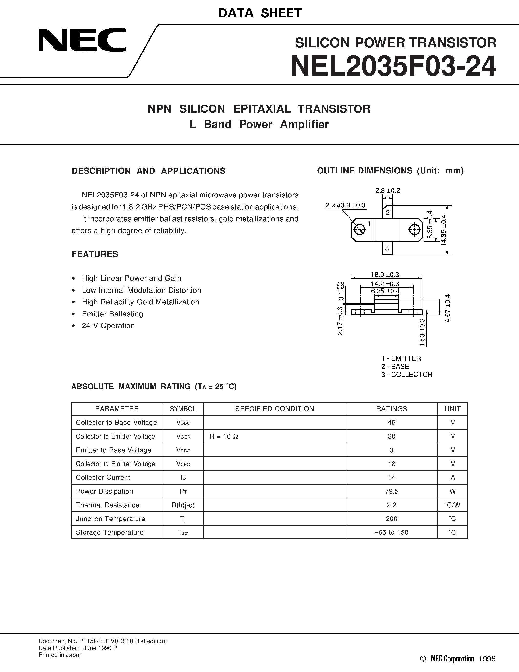 Datasheet NEL2035F03-24 - NPN SILICON EPITAXIAL TRANSISTOR L Band Power Amplifier page 1