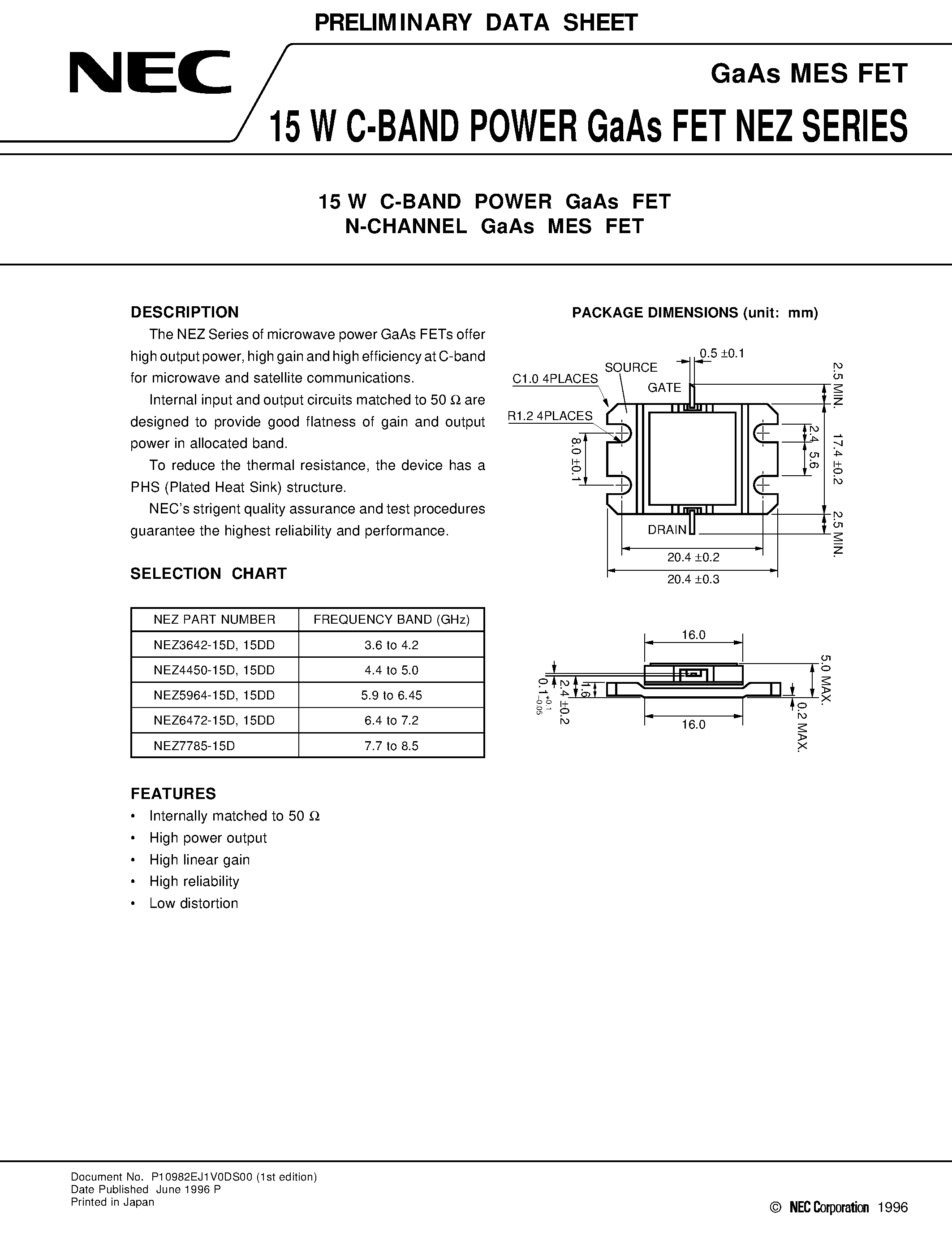 Datasheet NEZ3642-15D - 15 W C-BAND POWER GaAs FET N-CHANNEL GaAs MES FET page 1