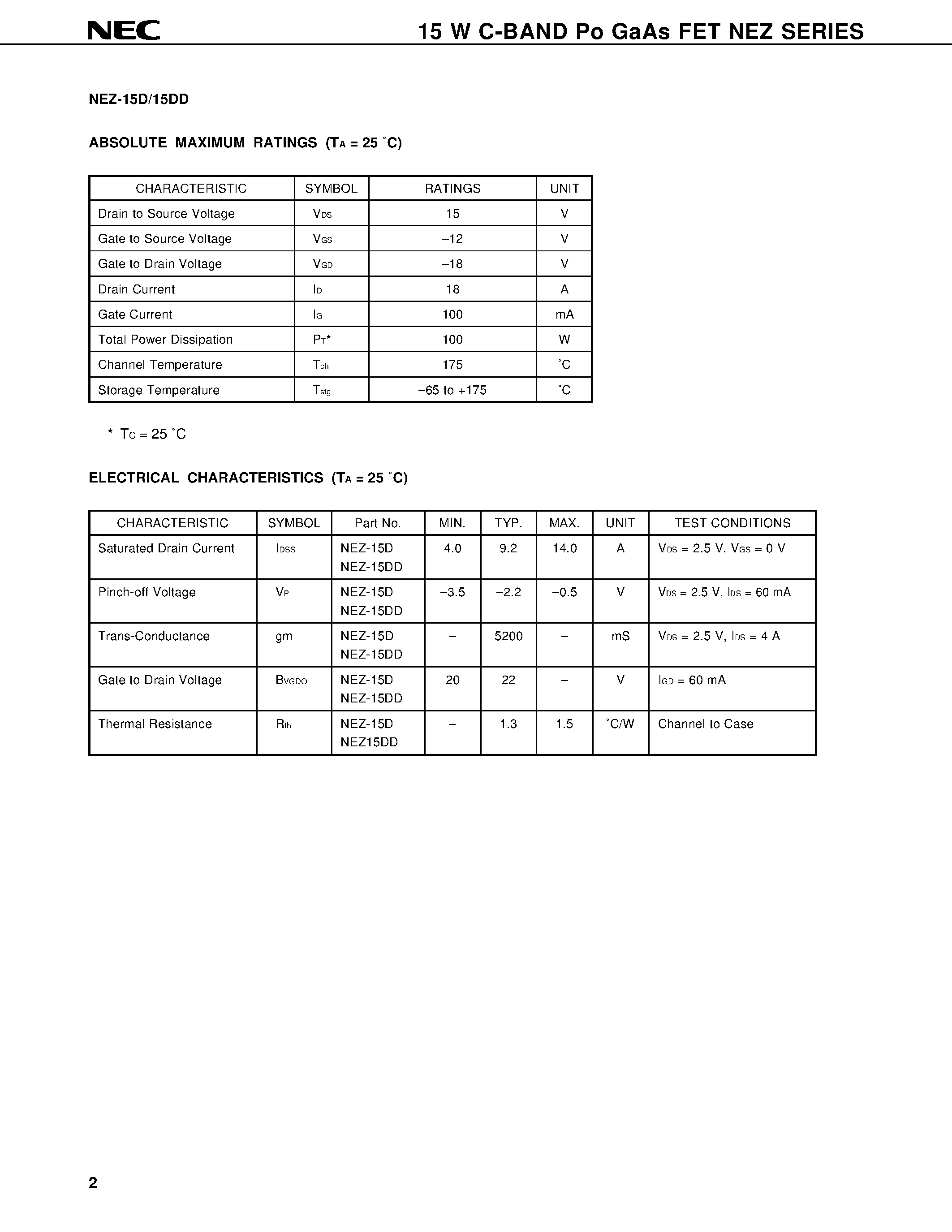 Datasheet NEZ3642-15D - 15 W C-BAND POWER GaAs FET N-CHANNEL GaAs MES FET page 2