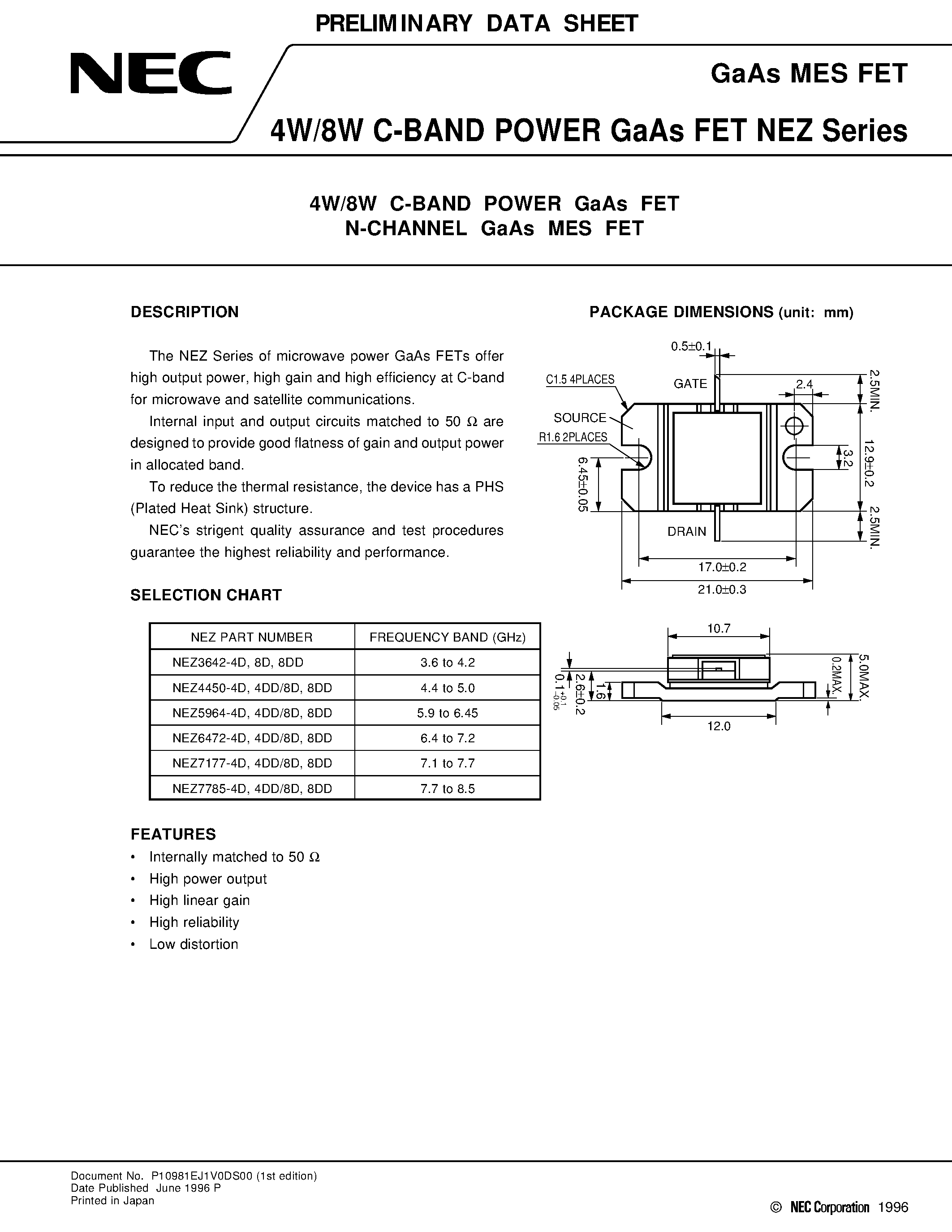 Datasheet NEZ3642-4D - 4W/8W C-BAND POWER GaAs FET N-CHANNEL GaAs MES FET page 1