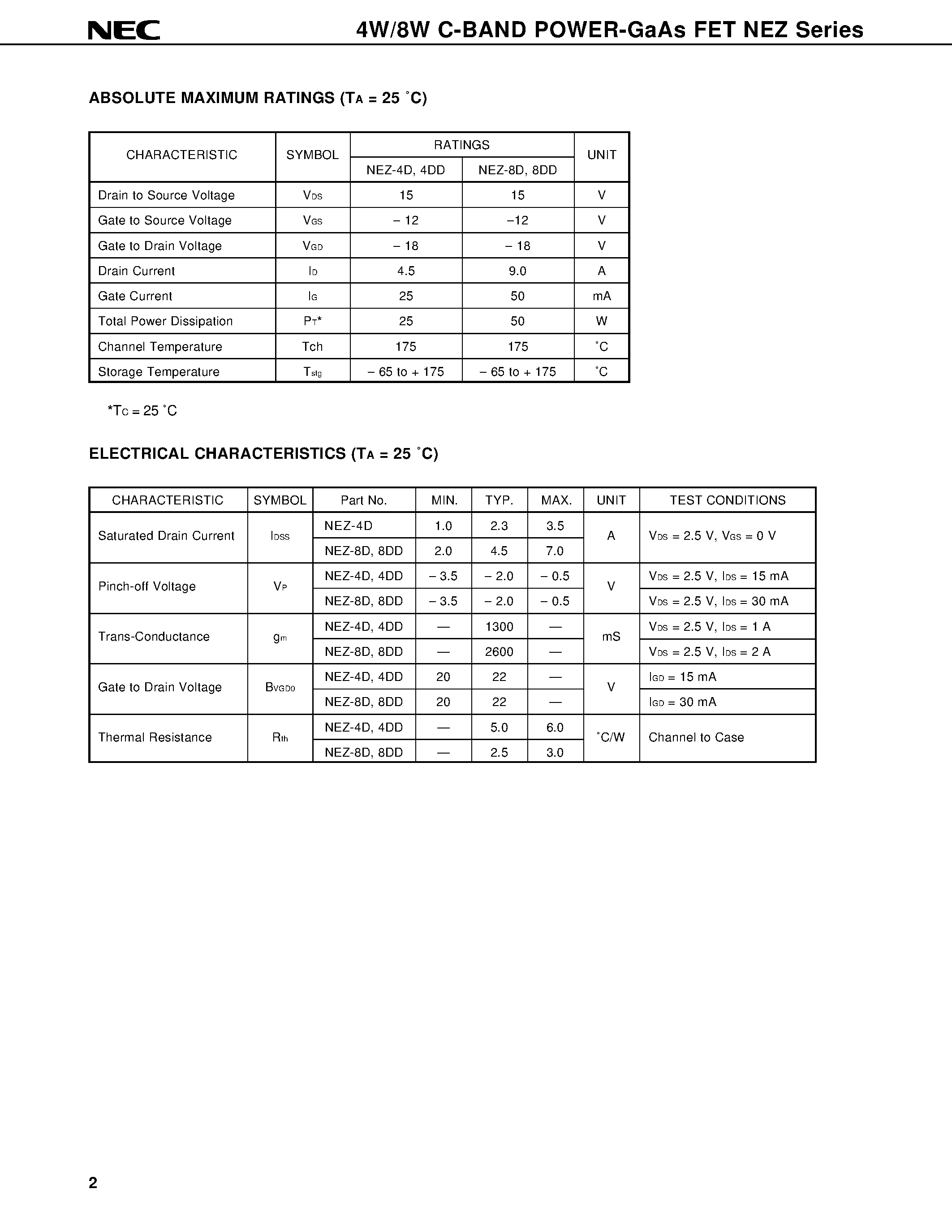 Datasheet NEZ3642-4D - 4W/8W C-BAND POWER GaAs FET N-CHANNEL GaAs MES FET page 2