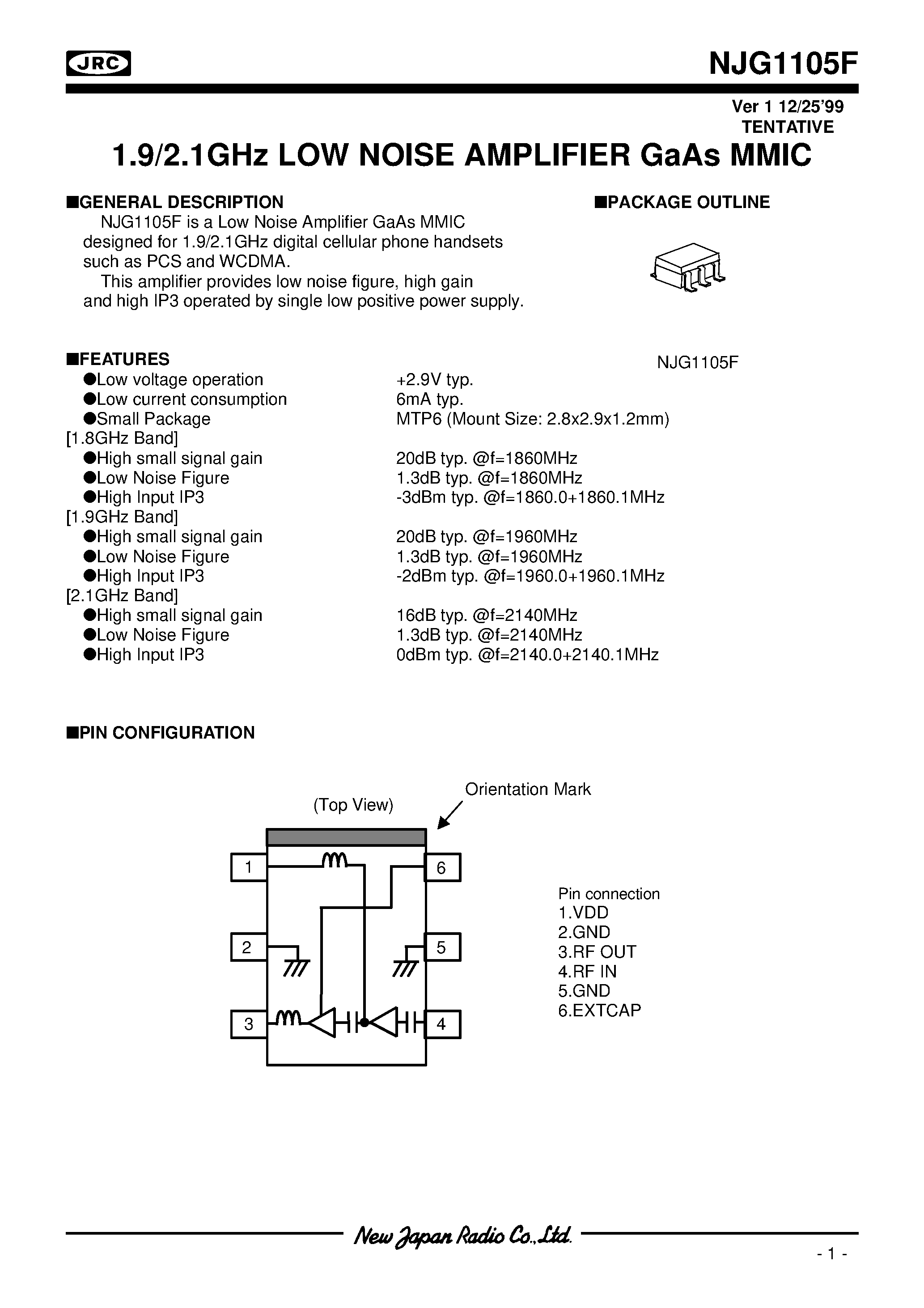 Даташит NJG1105F - 1.9/2.1GHz LOW NOISE AMPLIFIER GaAs MMIC страница 1