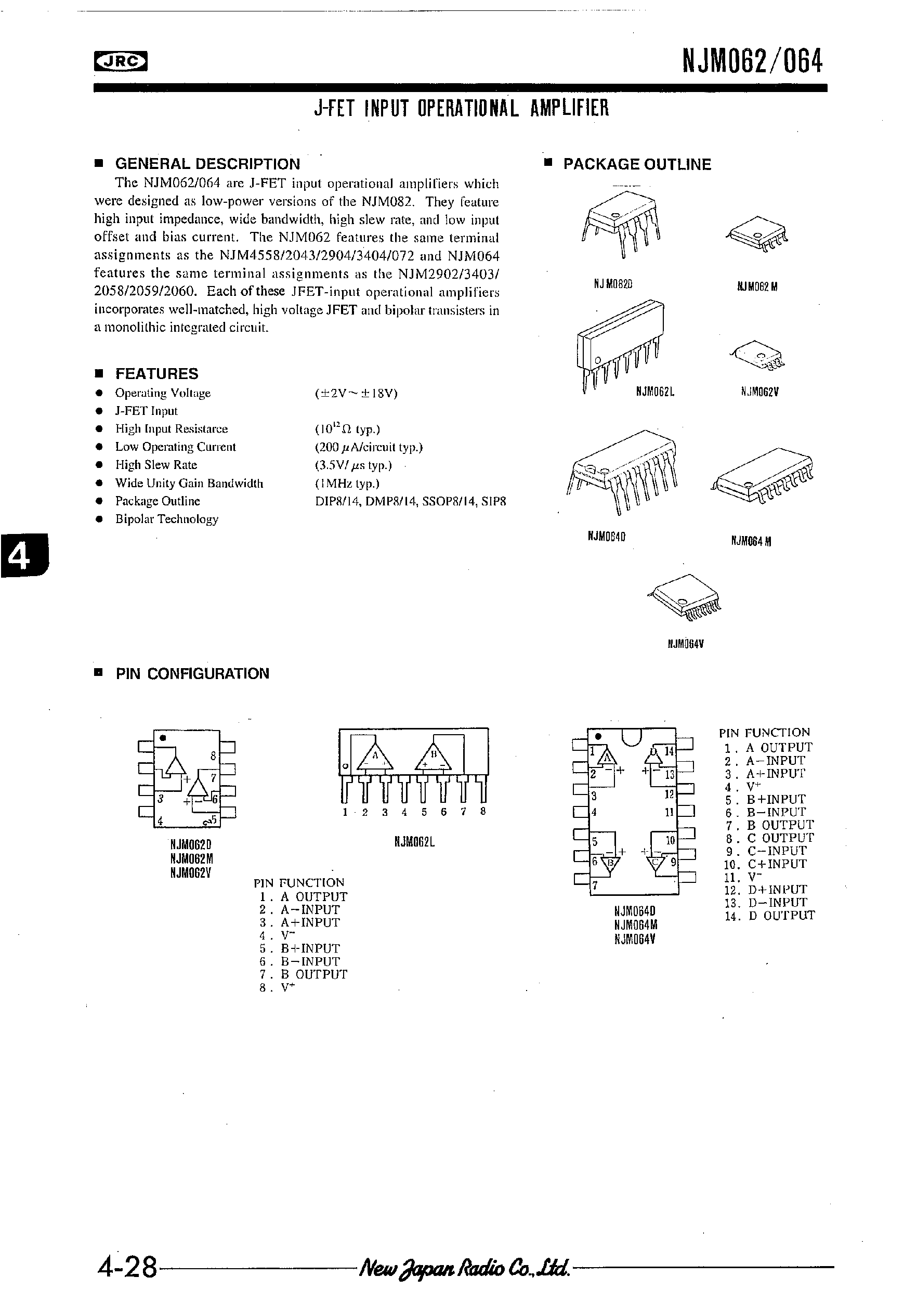 Даташит NJM062 - J-FET INPUT OPERATIONAL AMPLIFIER страница 1