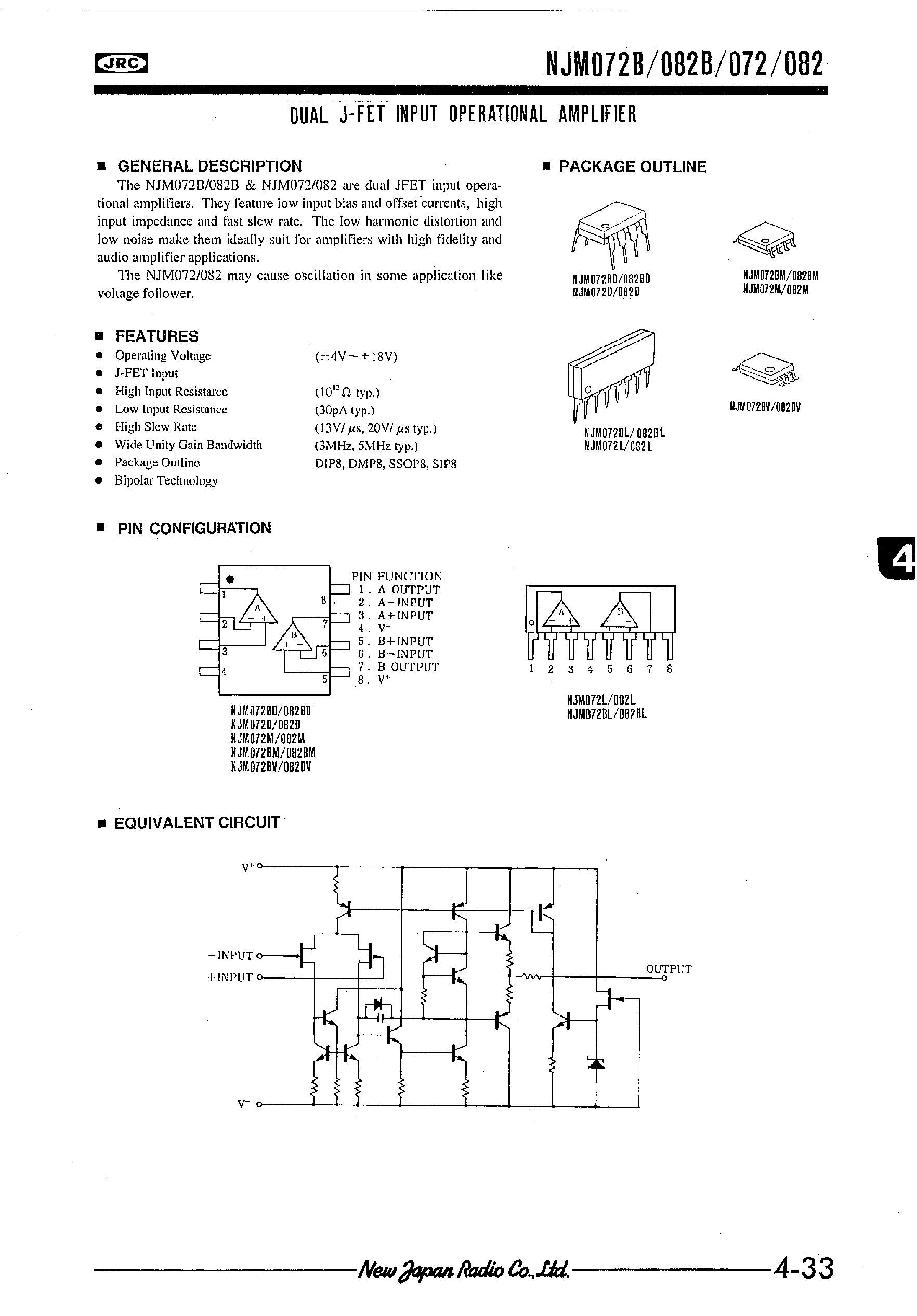 Даташит NJM072 - DUAL J-FET INPUT OPERATIONAL AMPLIFIER страница 1