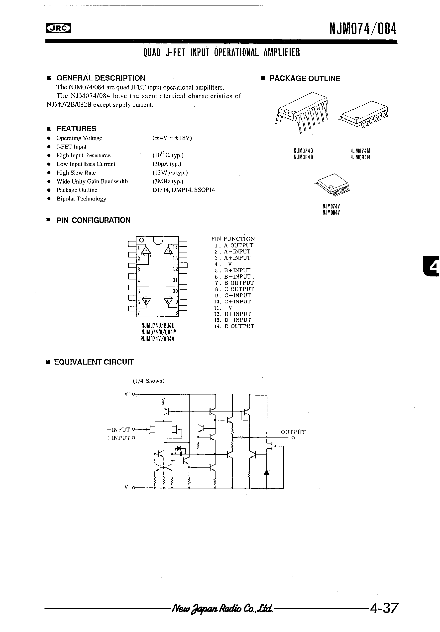 Даташит NJM074 - DUAL J-FET INPUT OPERATIONAL AMPLIFIER страница 1