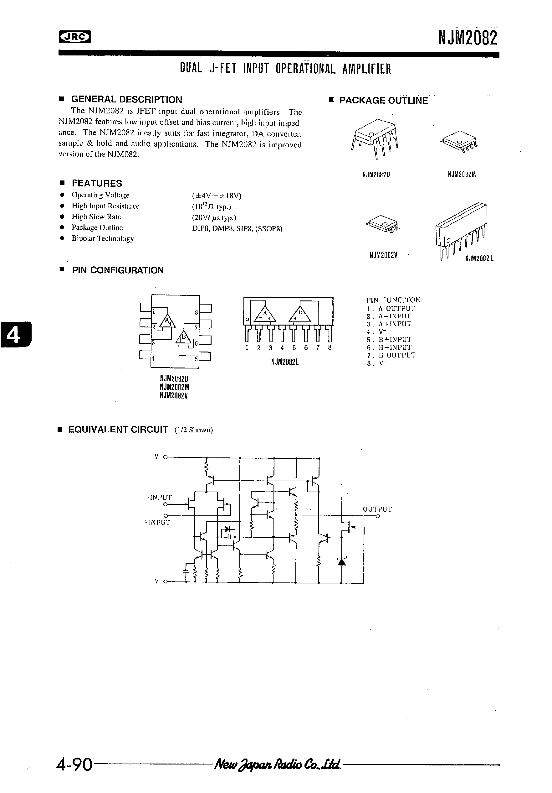 Даташит NJM2082 - DUAL J-FET INPUT OPERATIONAL AMPLIFIER страница 1