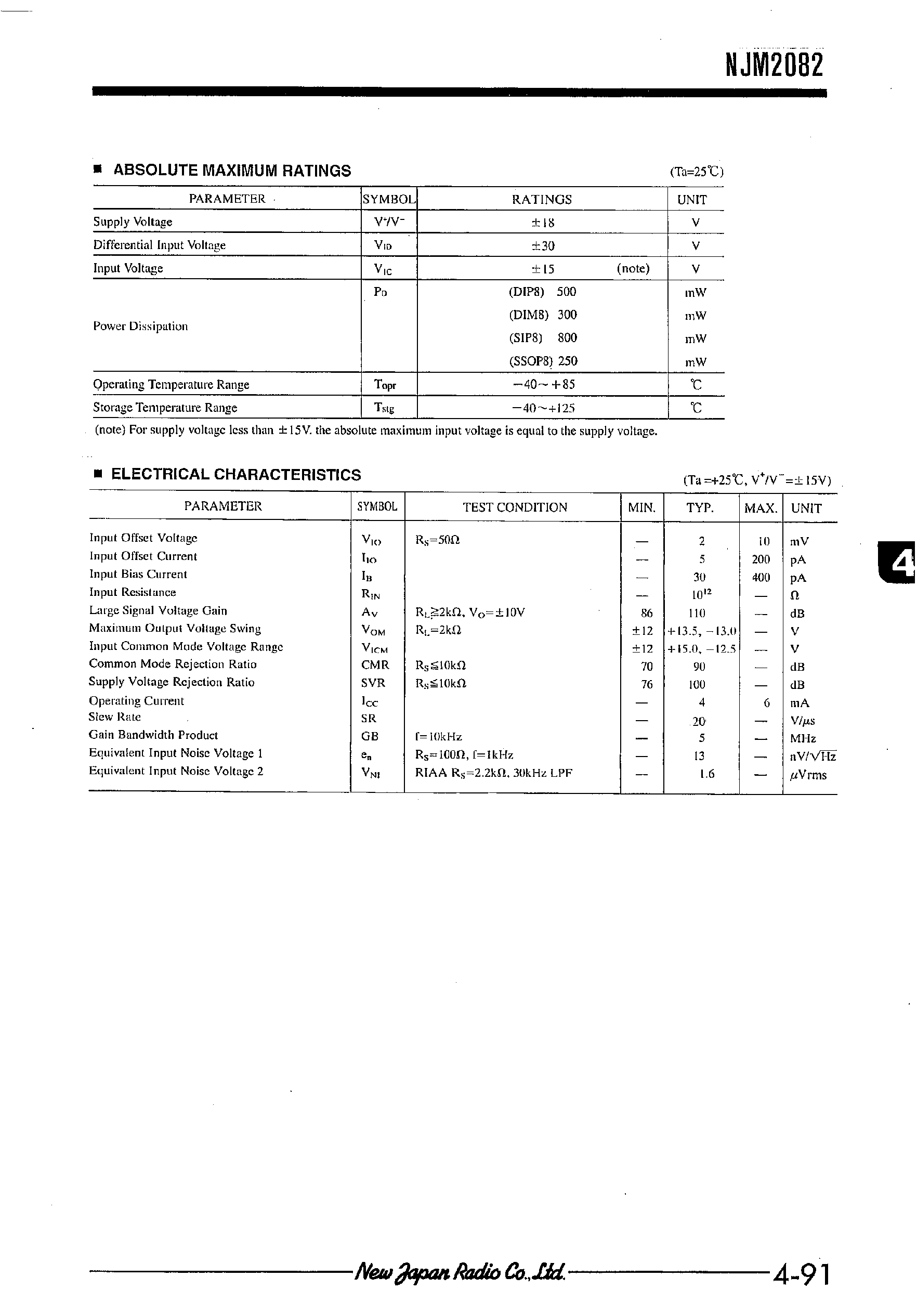 Даташит NJM2082 - DUAL J-FET INPUT OPERATIONAL AMPLIFIER страница 2