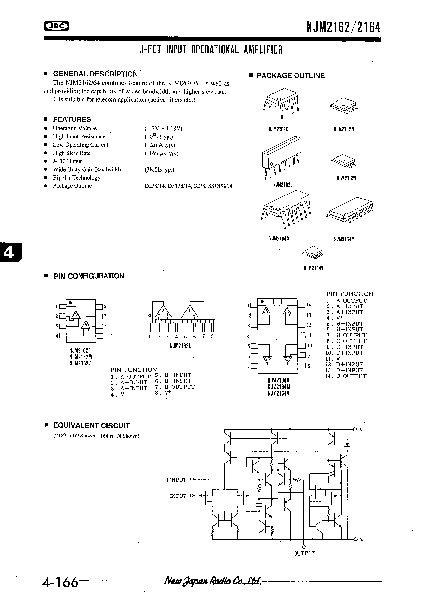 Даташит NJM2162 - J-FET INPUT OPERATIONAL AMPLIFIER страница 1