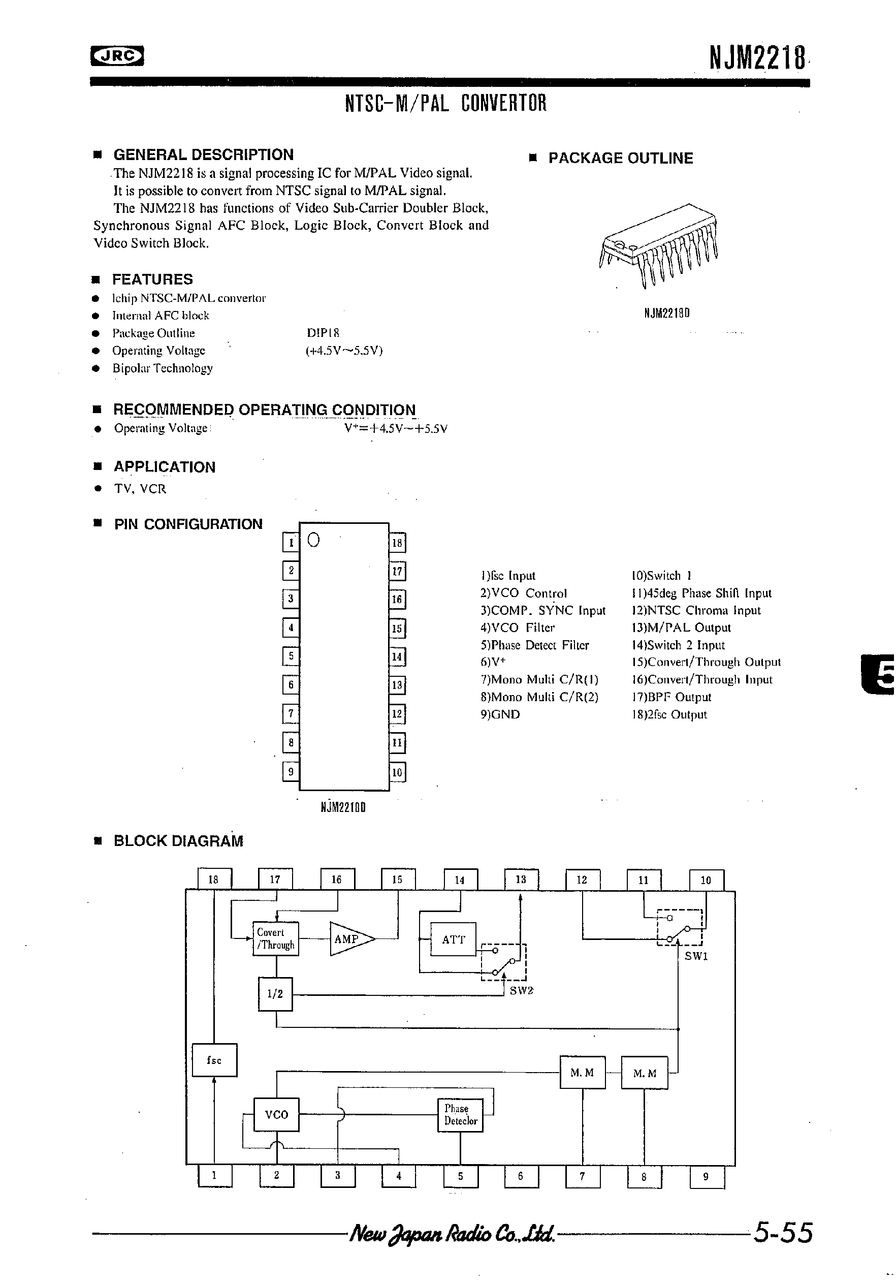 Даташит NJM2218 - NTSC-M/PAL CONVERTOR страница 1