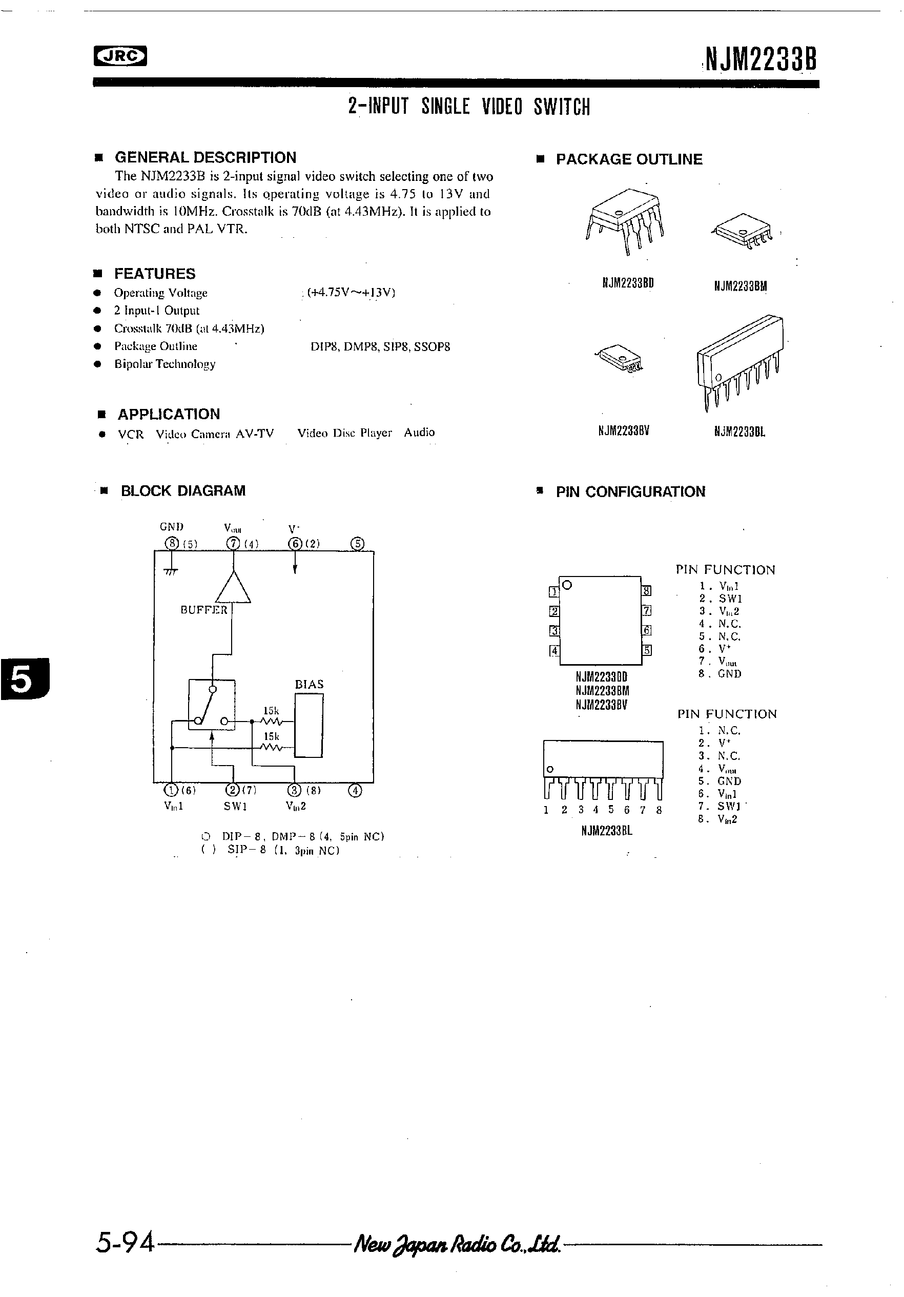 Даташит NJM2233B - 2-INPUT SINGLE VIDEO SWITCH страница 1