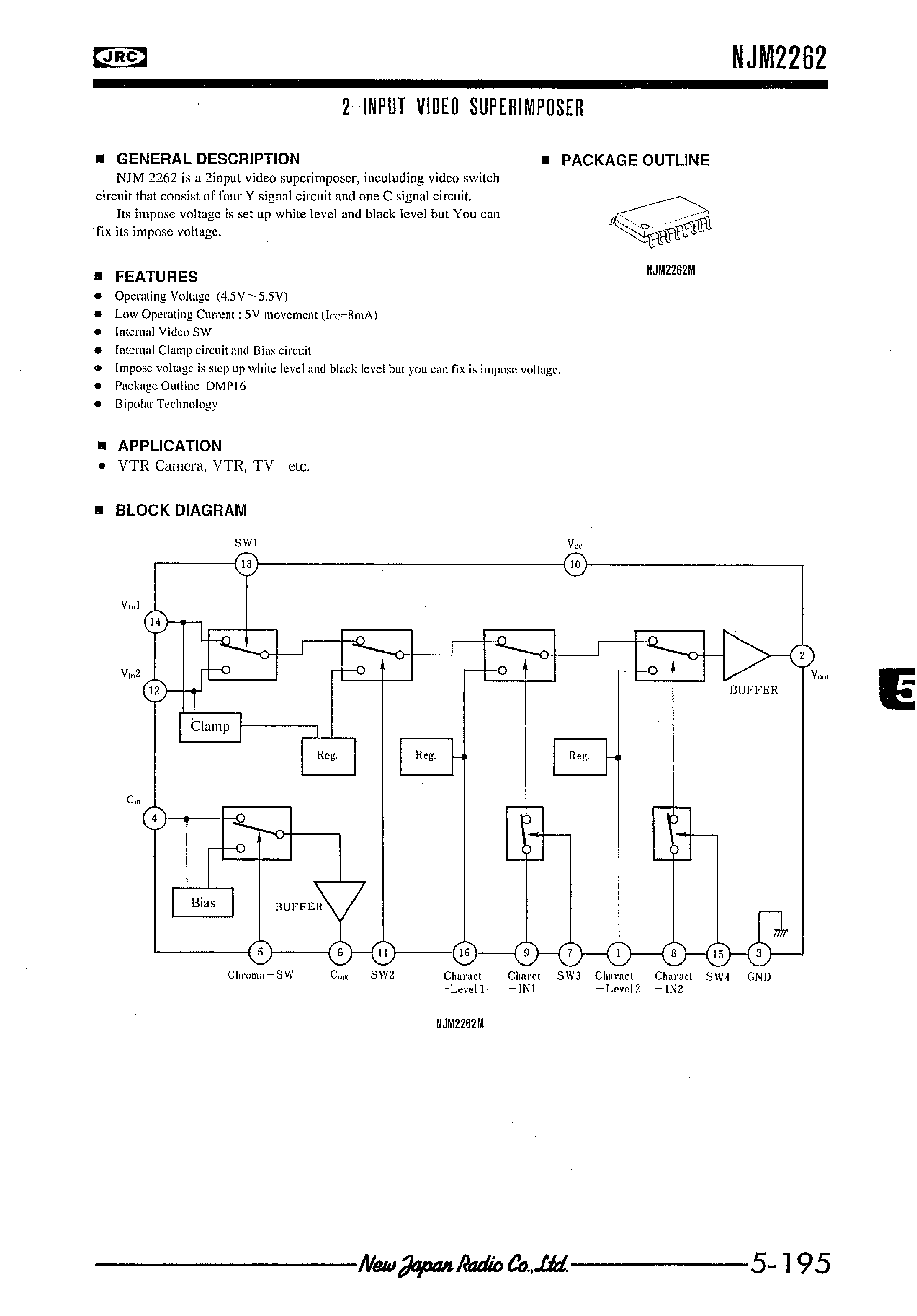 Даташит NJM2262 - 2-INPUT VIDEO SUPERIMPOSER страница 1