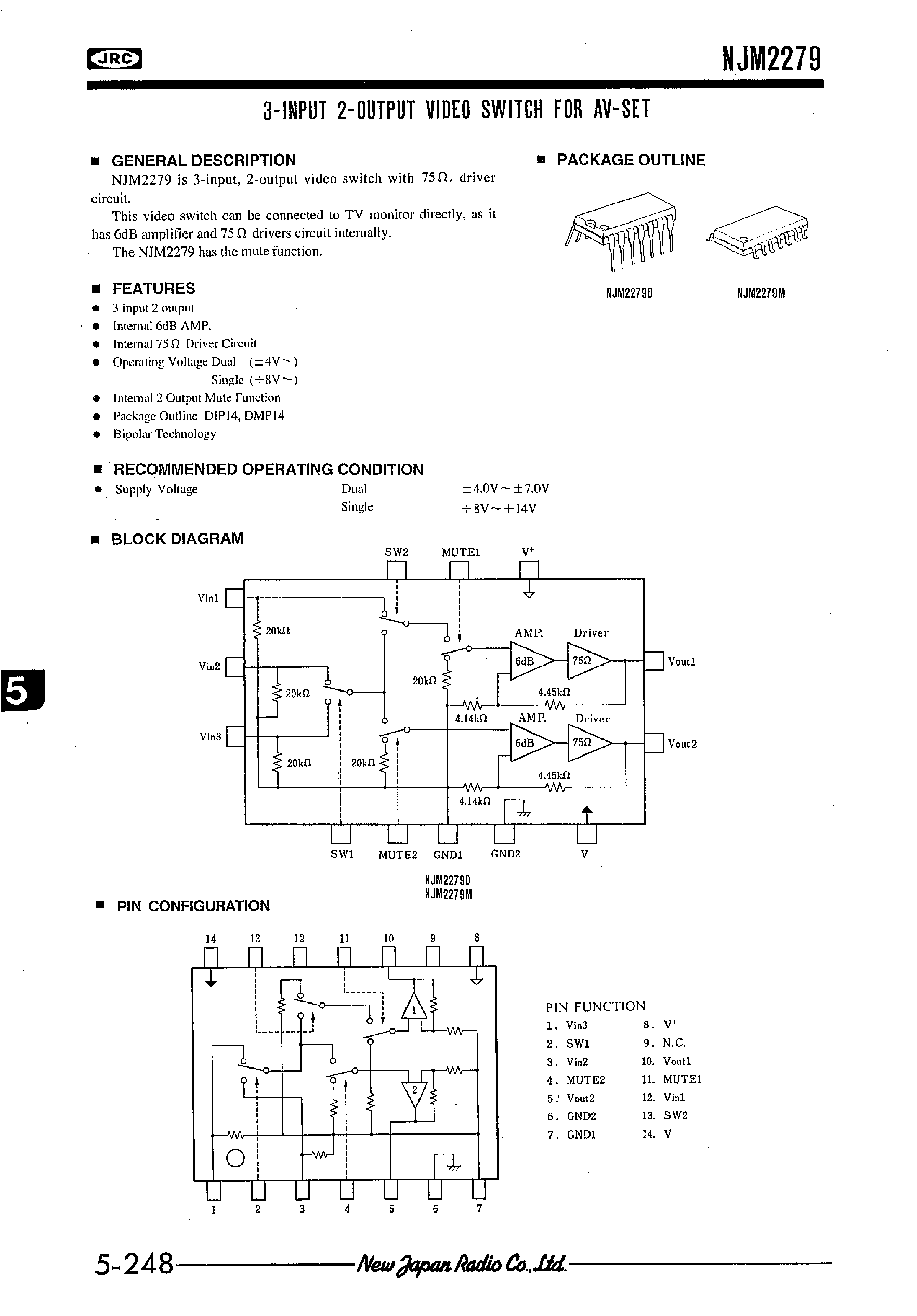 Даташит NJM2279 - 3-INPUT 2-OUTPUT VIDEO SWITCH FOR AV-SET страница 1