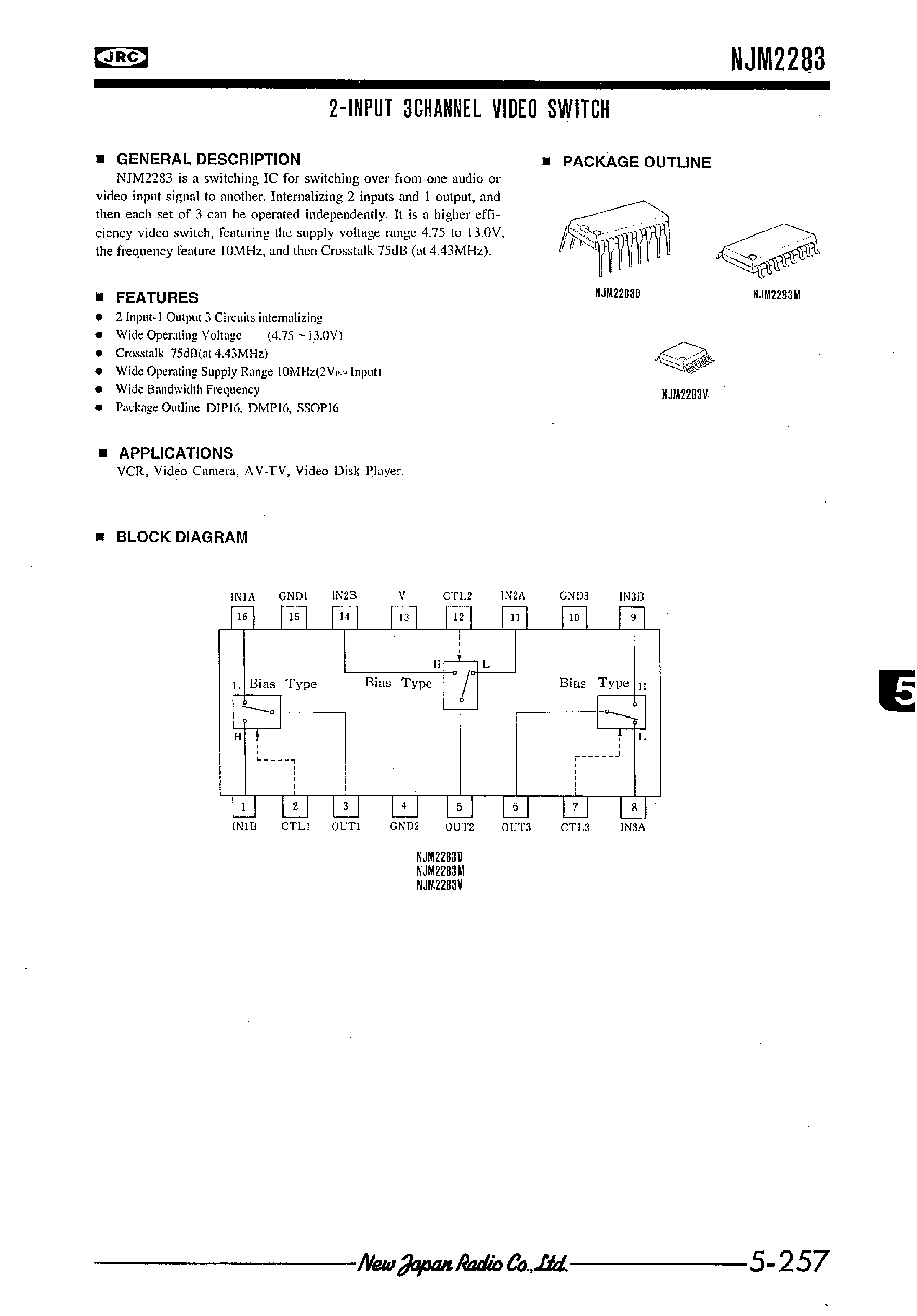 Даташит NJM2283 - 2-INPUT 3CHANNEL VIDEO SWITCH страница 1