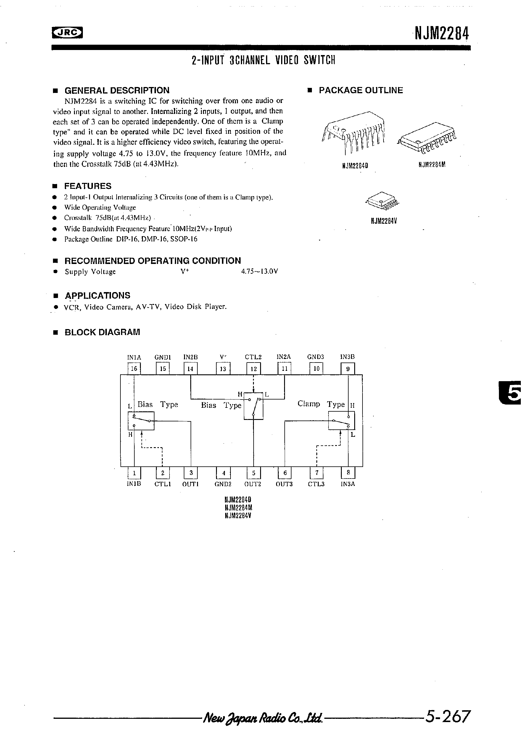 Даташит NJM2284 - 2-INPUT 3CHANNEL VIDEO SWITCH страница 1