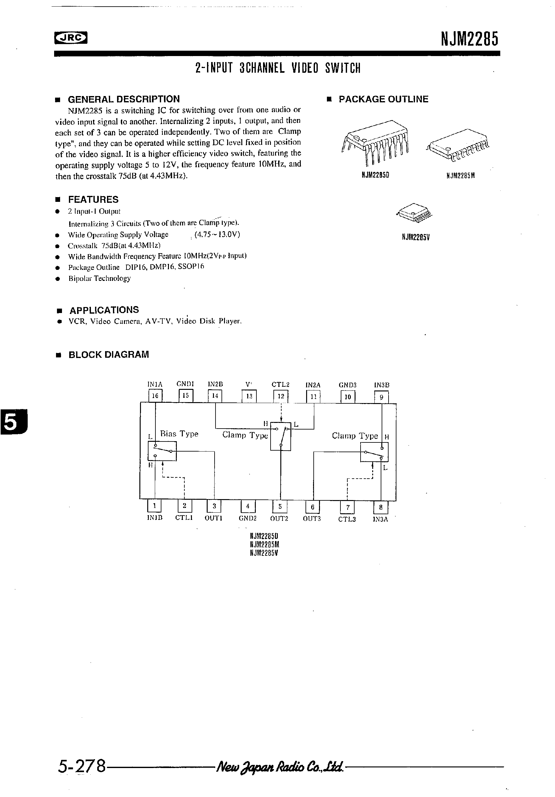 Даташит NJM2285 - 2-INPUT 3CHANNEL VIDEO SWITCH страница 1