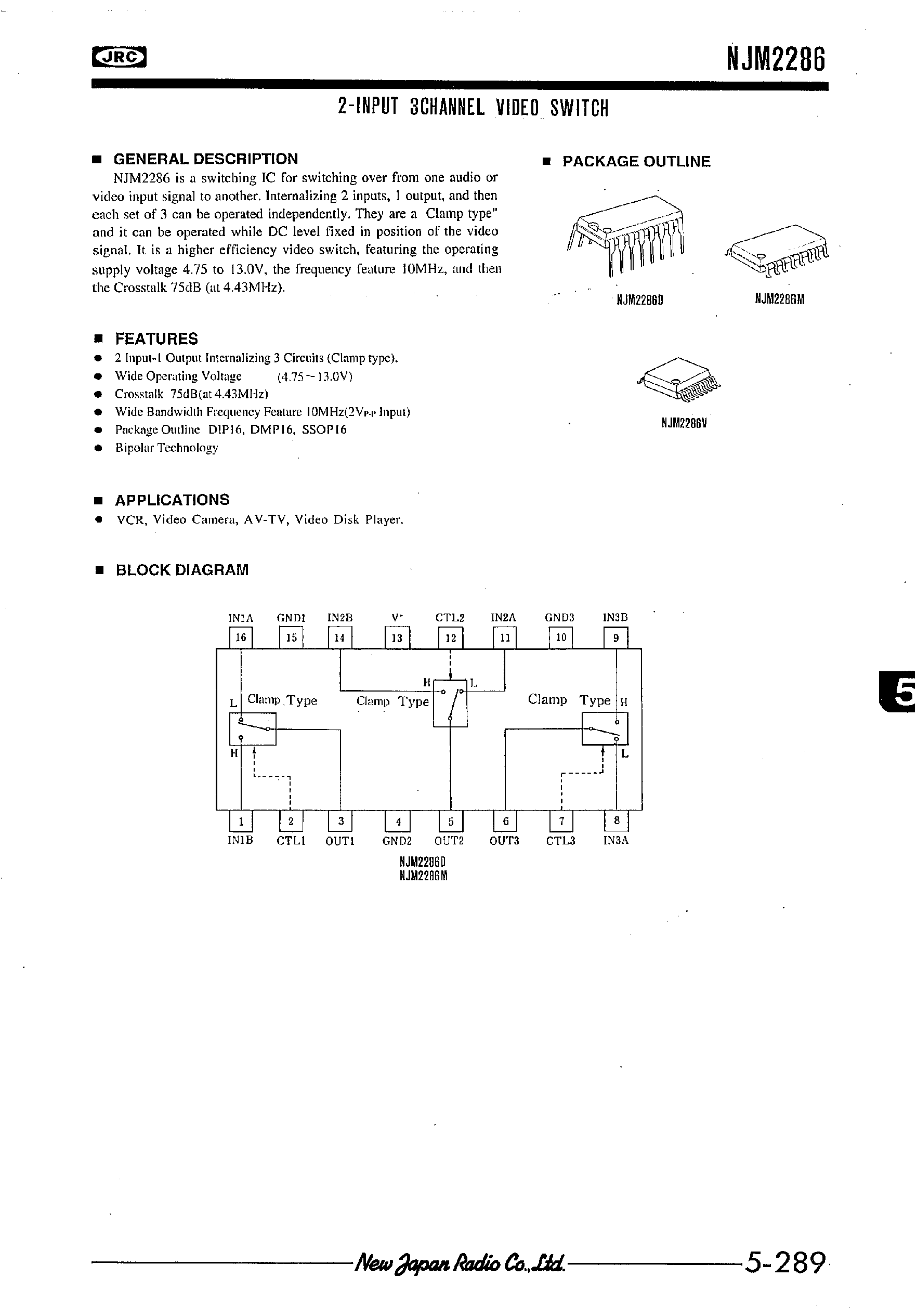 Даташит NJM2286 - 2-INPUT 3CHANNEL VIDEO SWITCH страница 1