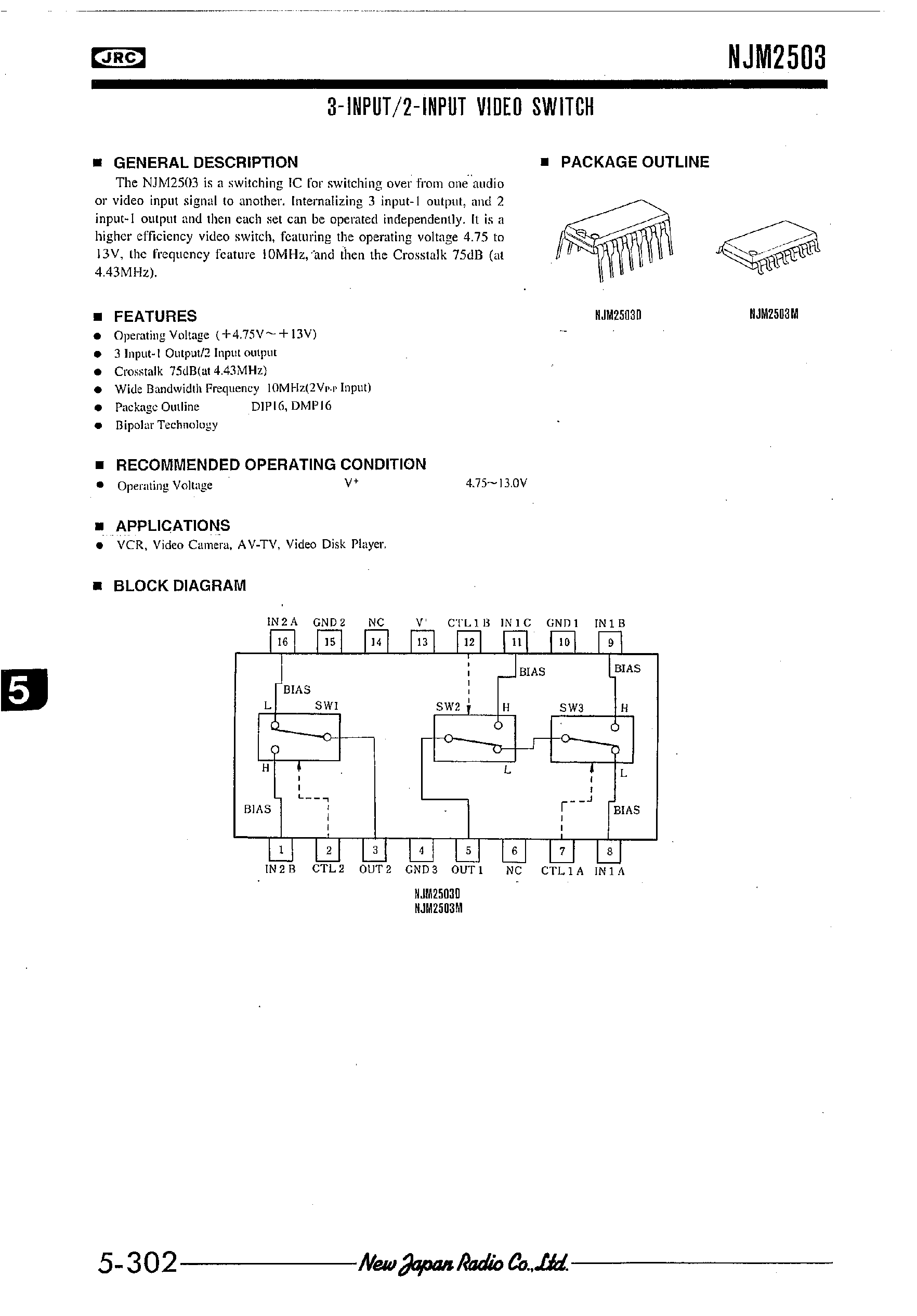 Даташит NJM2503 - 3-INPUT/2-INPUT VIDEO SWITCH страница 1