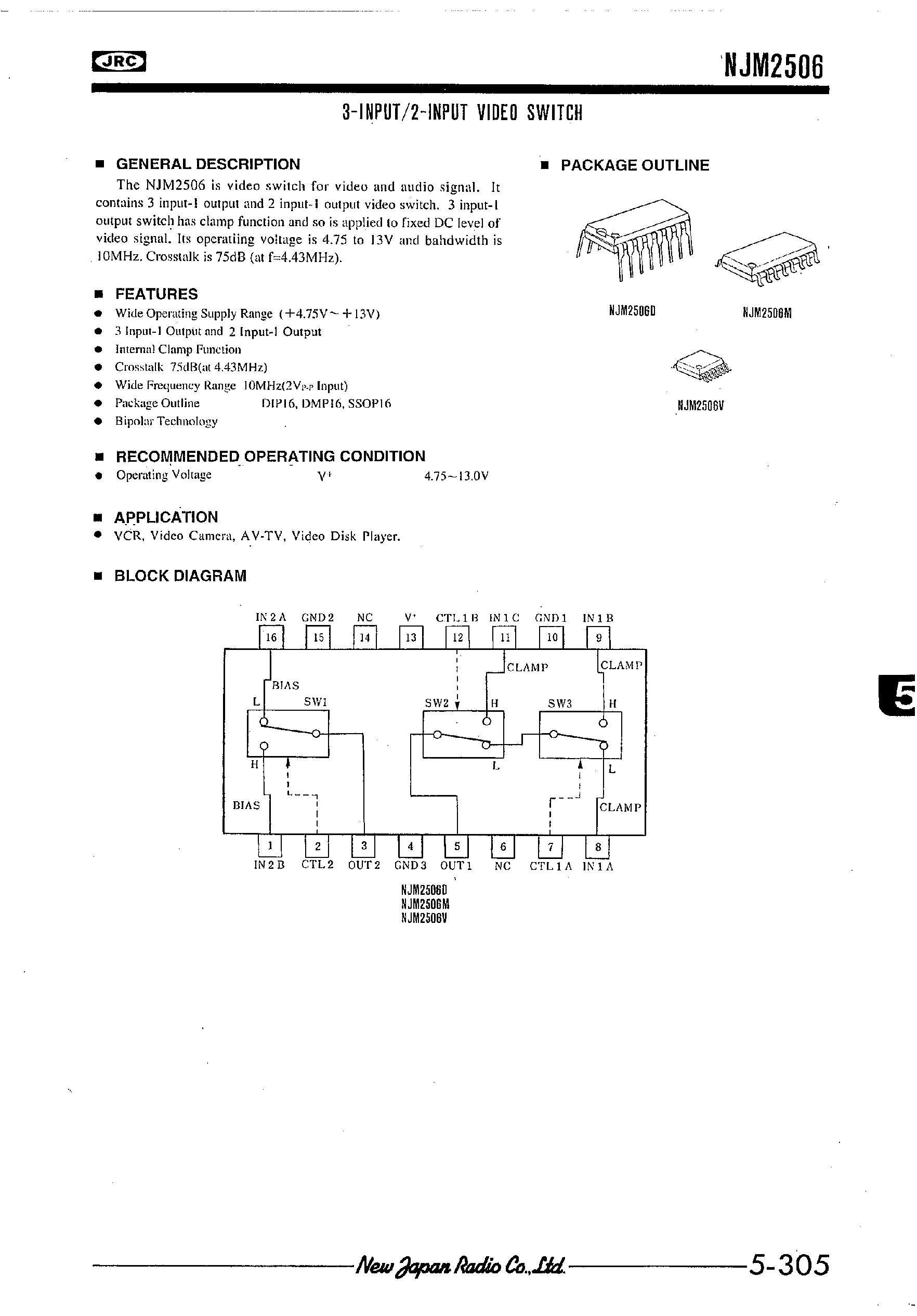 Даташит NJM2506 - 3-INPUT/2-INPUT VIDEO SWITCH страница 1