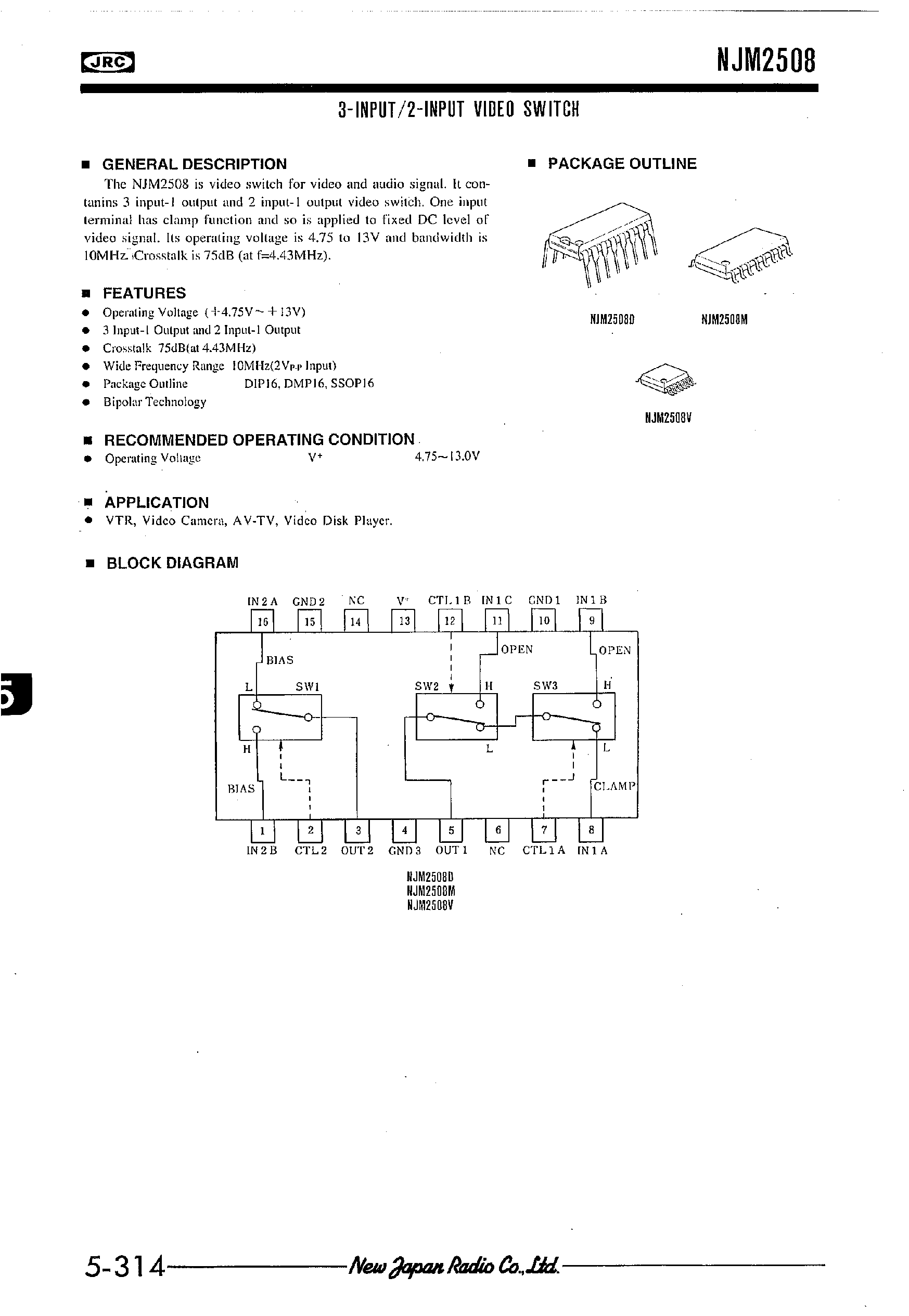 Даташит NJM2508 - 3-INPUT/2-INPUT VIDEO SWITCH страница 1