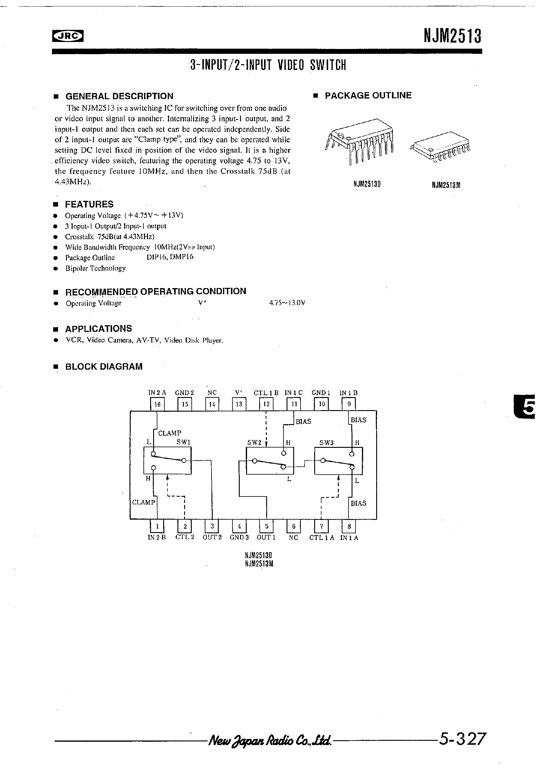 Даташит NJM2513 - 3-INPUT/2-INPUT VIDEO SWITCH страница 1