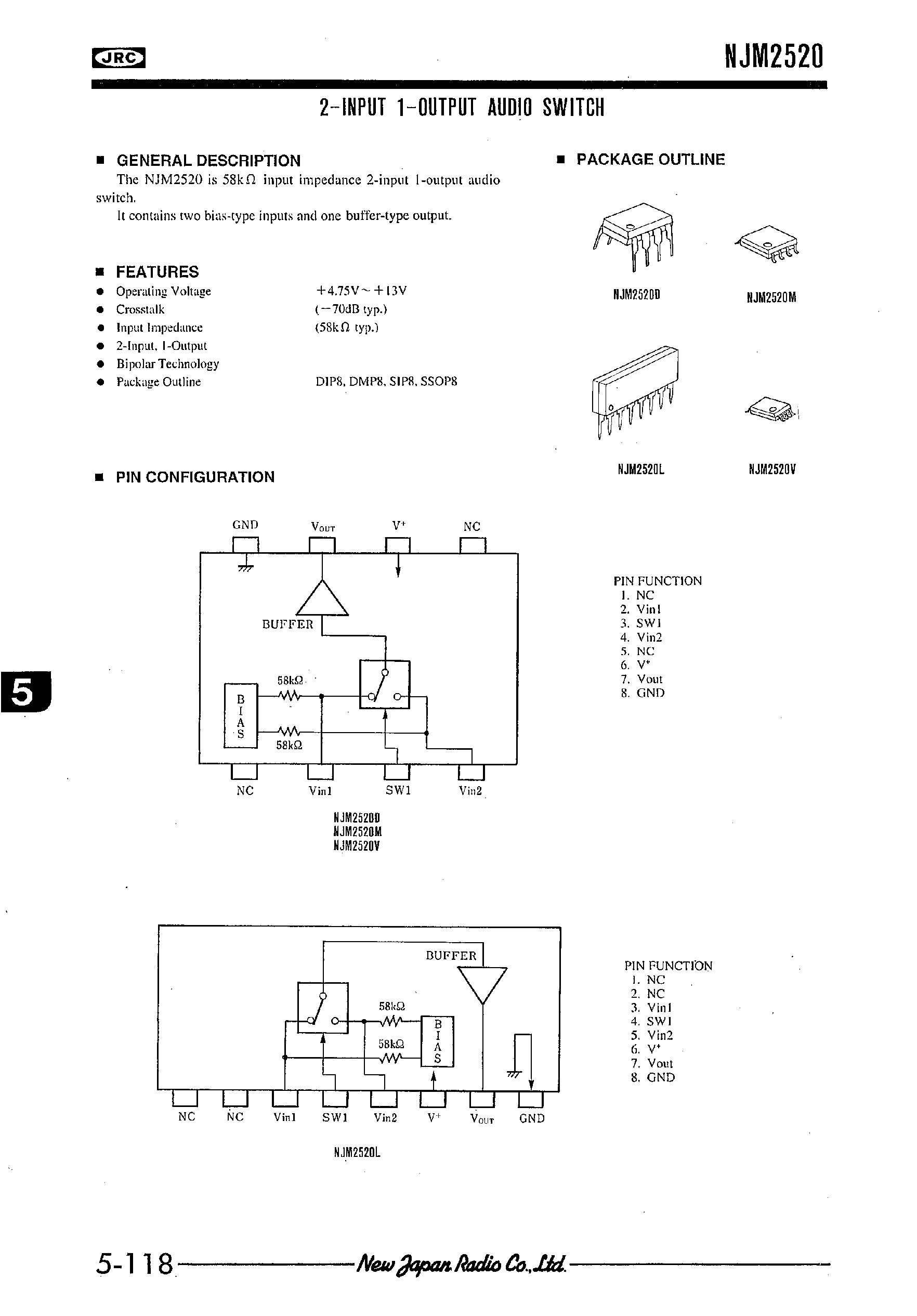 Даташит NJM2520 - 2-INPUT 1-OUTPUT AUDIO SWITCH страница 1