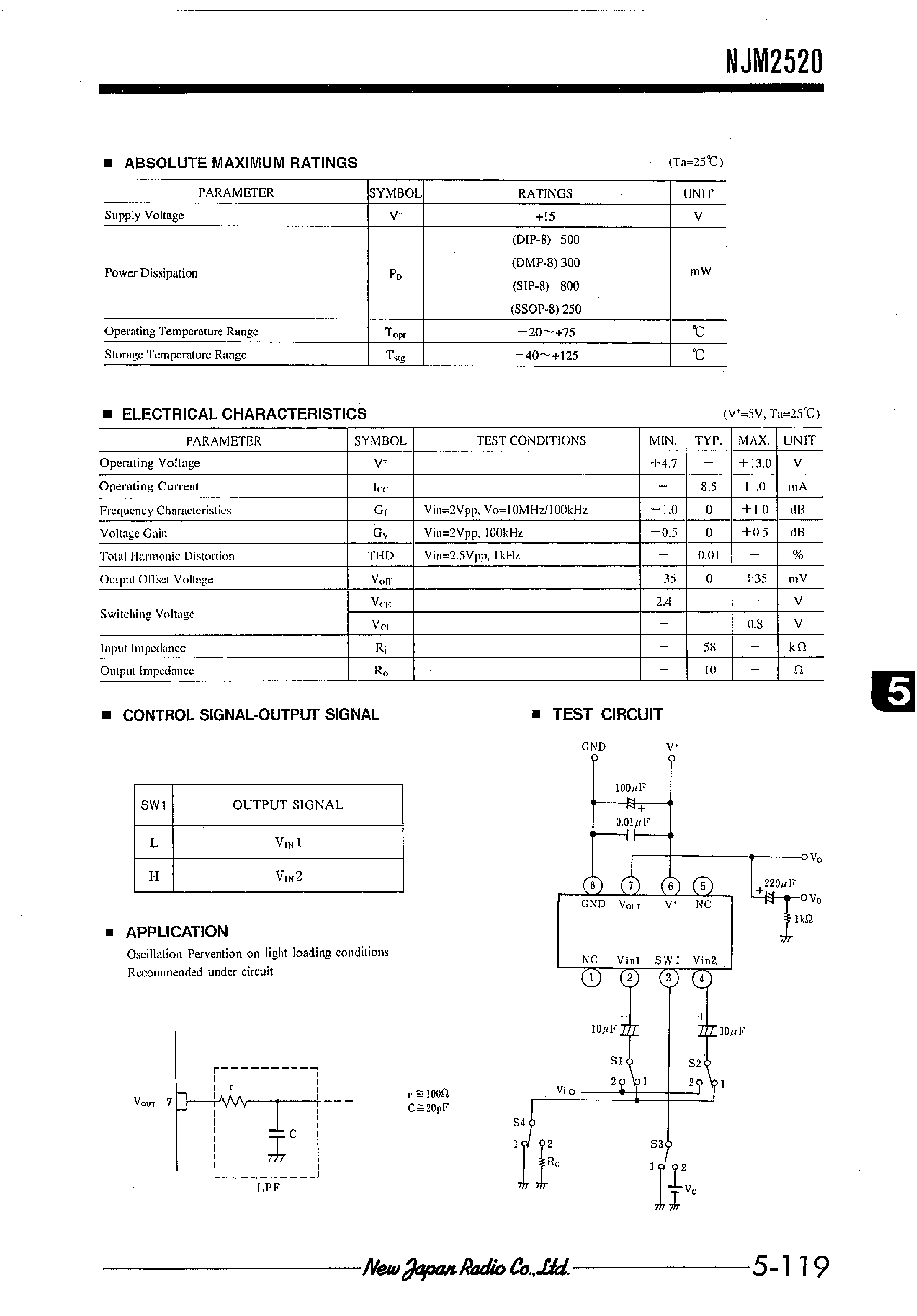 Даташит NJM2520 - 2-INPUT 1-OUTPUT AUDIO SWITCH страница 2