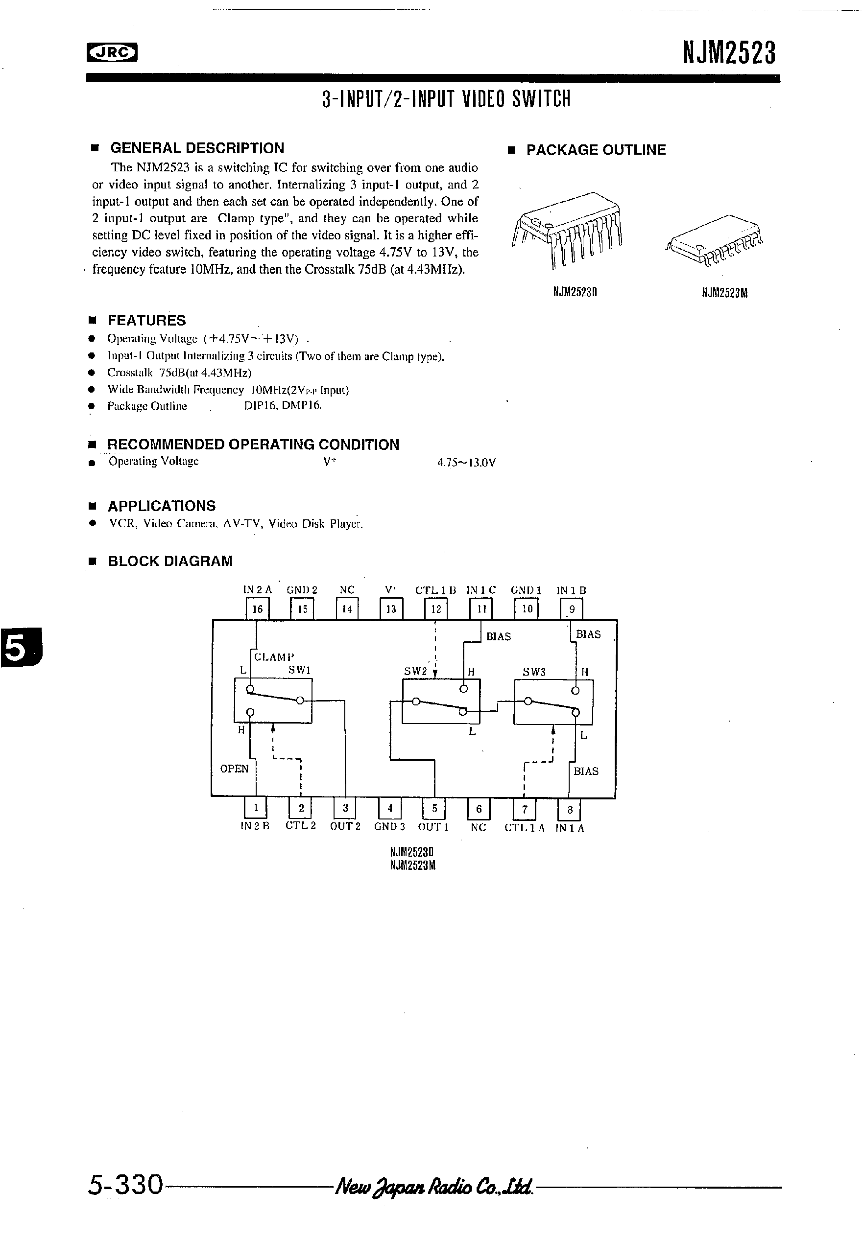 Даташит NJM2523 - 3-INPUT 2-INPUT VIDEO SWITCH страница 1