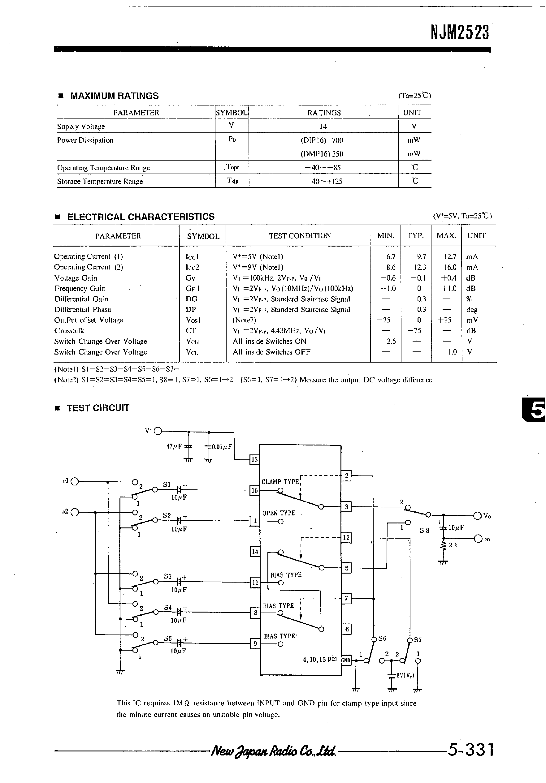 Даташит NJM2523 - 3-INPUT 2-INPUT VIDEO SWITCH страница 2