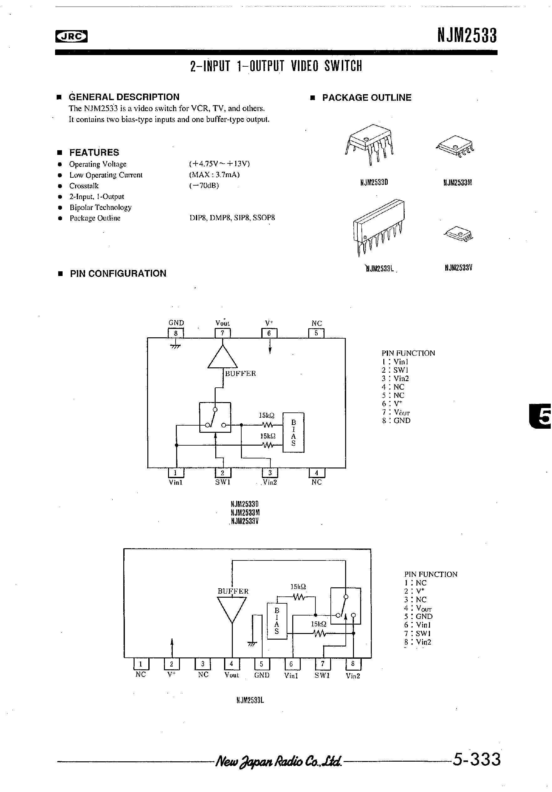 Даташит NJM2533 - 2-INPUT 1-OUTPUT VIDEO SWITCH страница 1