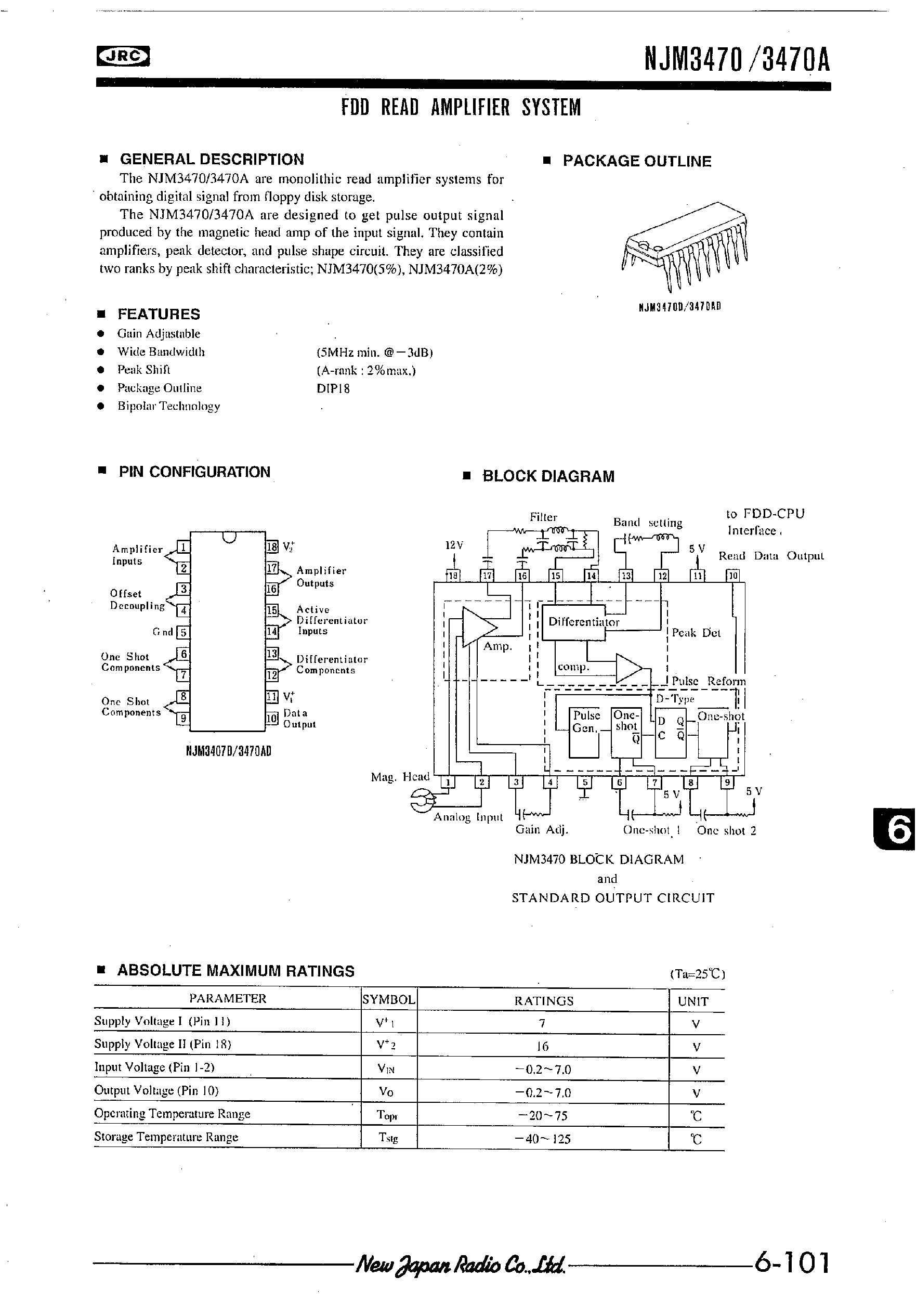 Datasheet NJM3470 - FDD READ AMPLIFIER SYSTEM page 1