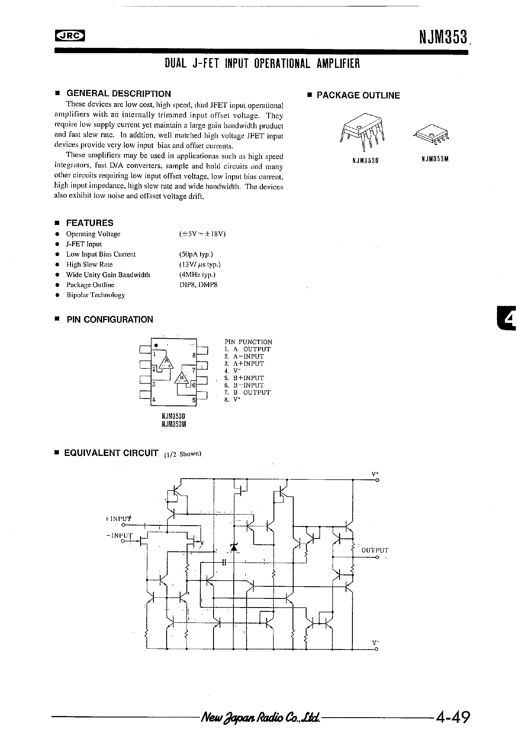 Даташит NJM353 - DUAL J-FET INPUT OPERATIONAL AMPLIFIER страница 1