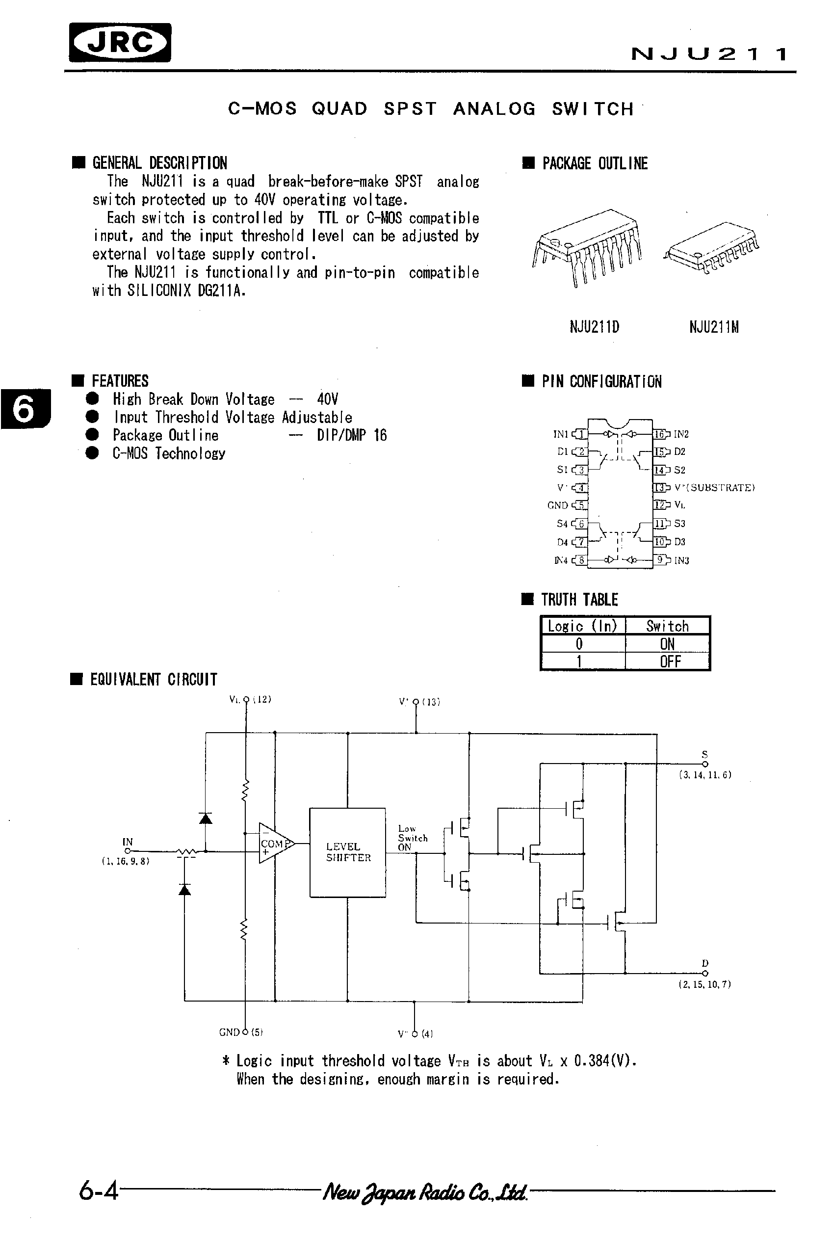 Datasheet NJU211 - C-MOS QUAD SPST ANALOG SWITCH page 1