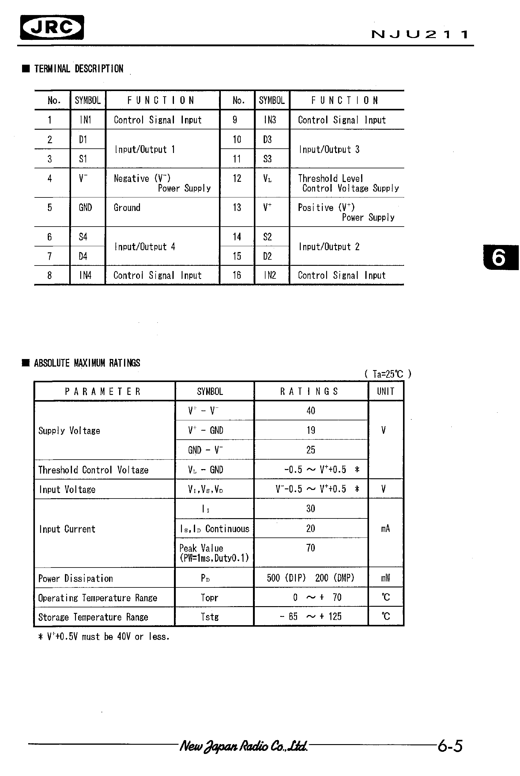 Datasheet NJU211 - C-MOS QUAD SPST ANALOG SWITCH page 2