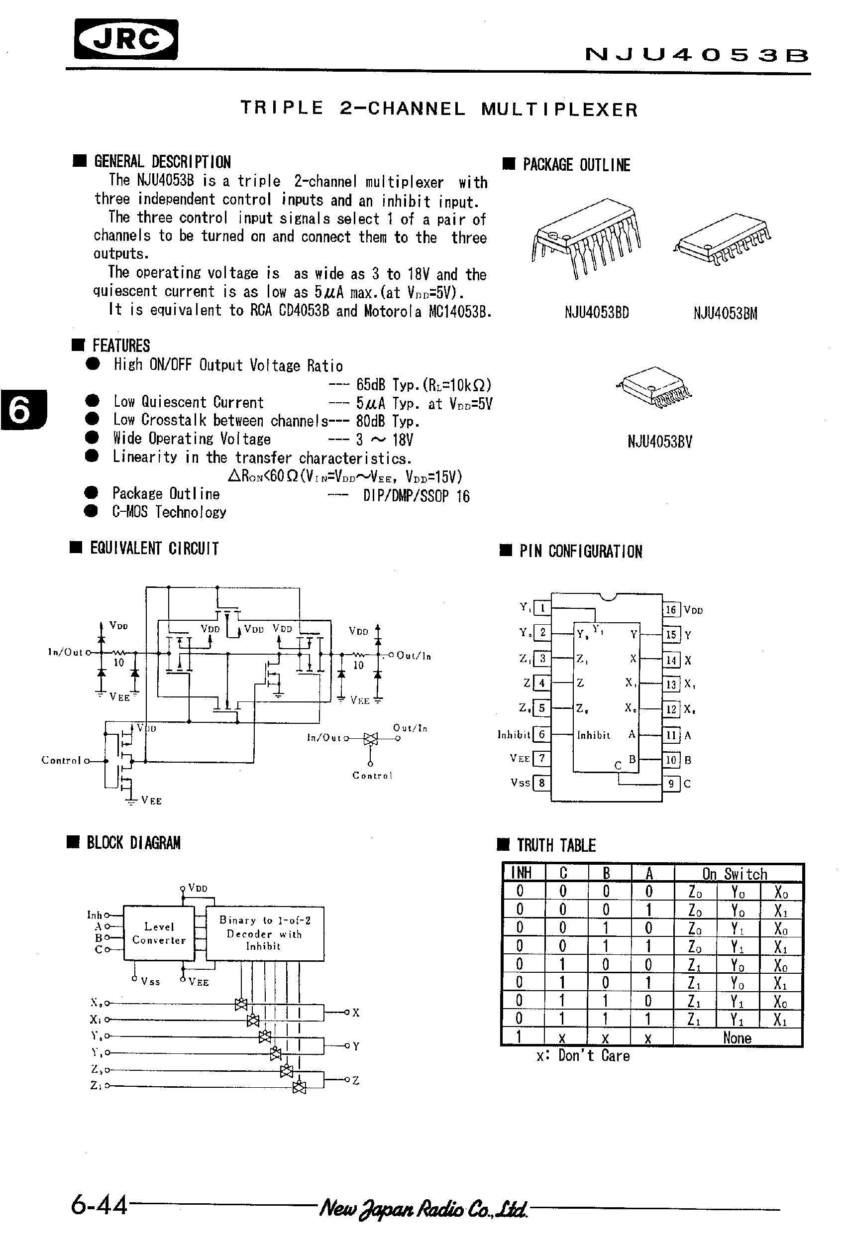 Даташит NJU4053 - TRIPLE 2-CHANNEL MULTIPLEXER страница 1