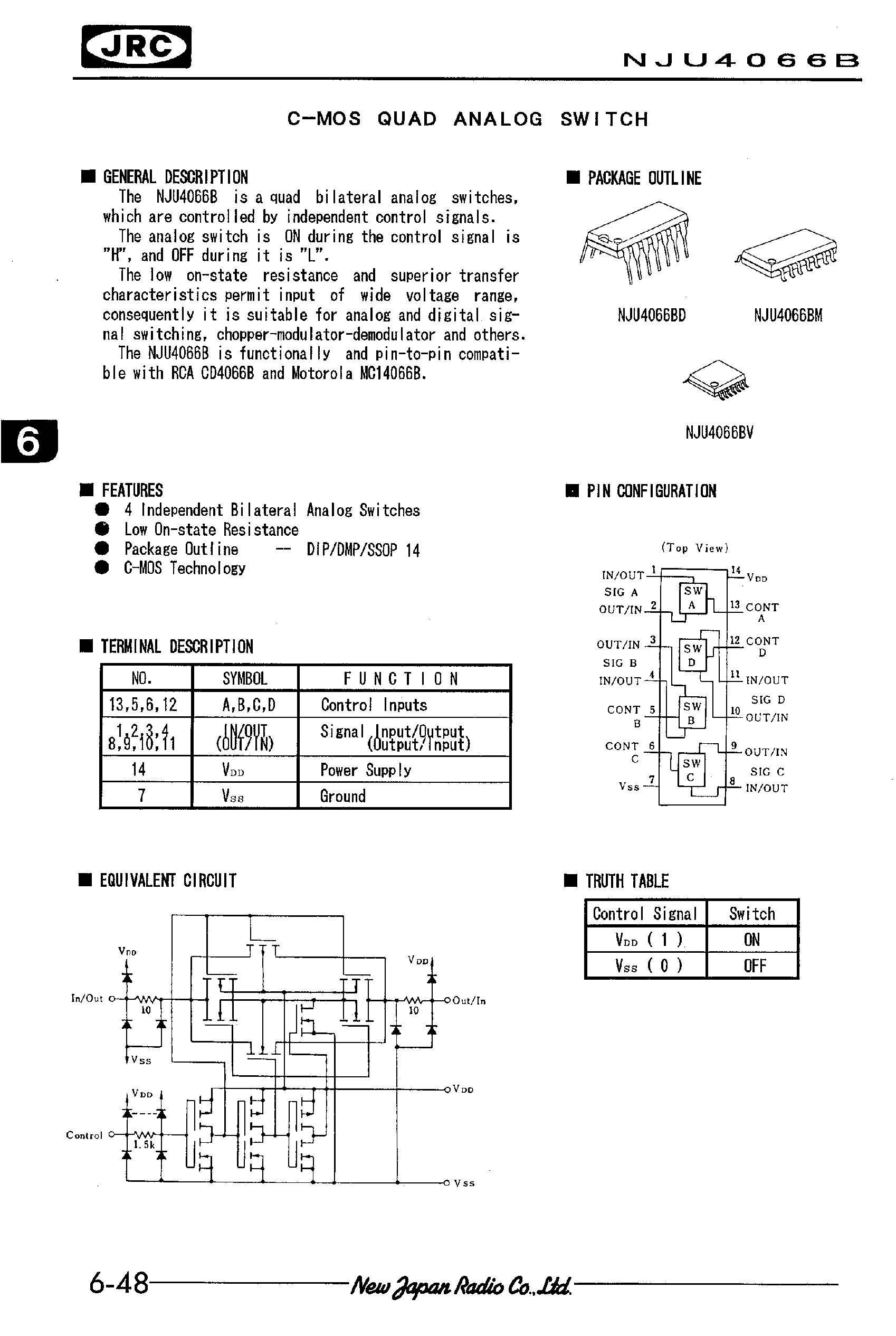 Datasheet NJU4066 - C-MOS QUAD ANALOG SWITCH page 1