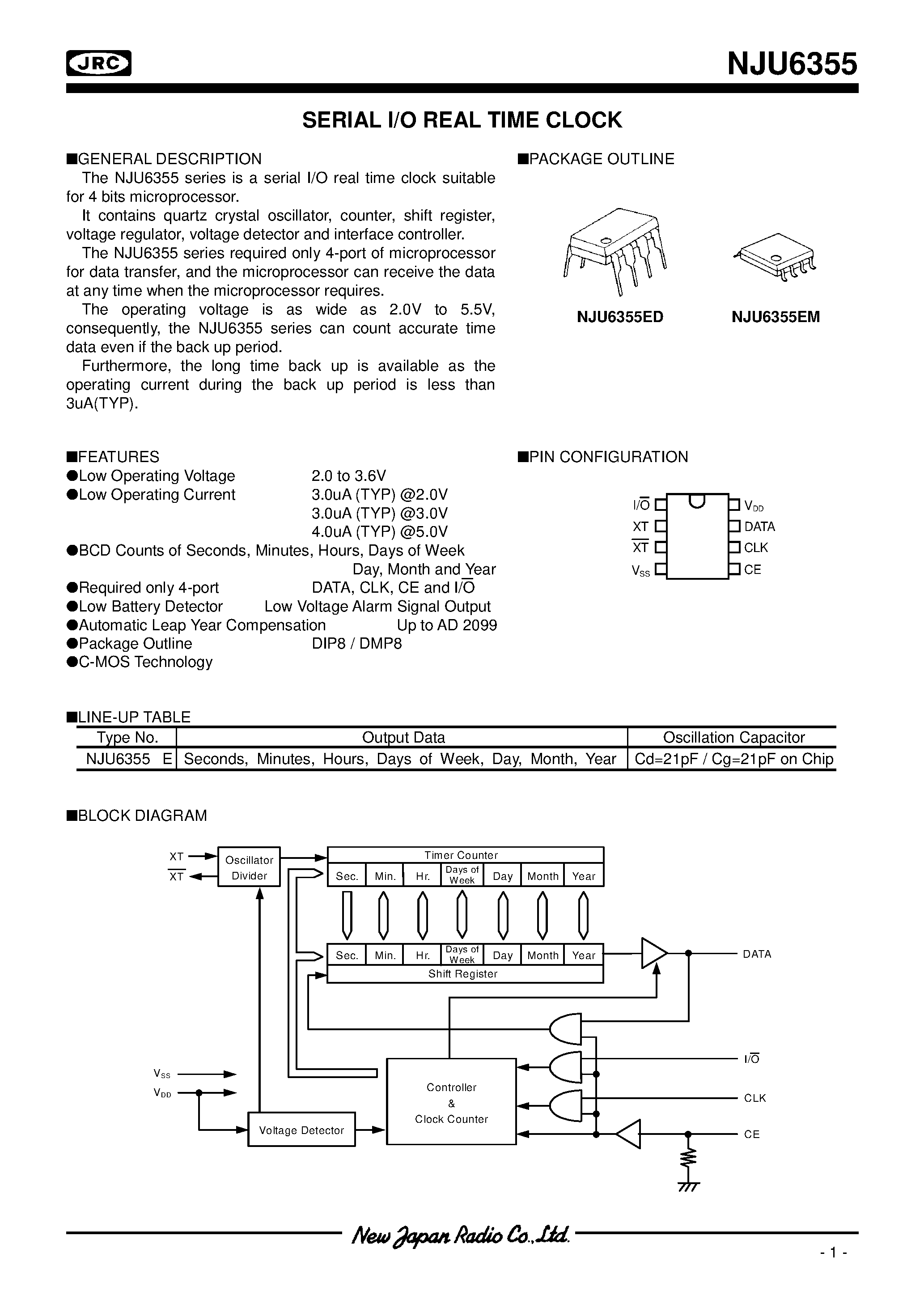 Datasheet NJU6355 - SERIAL I/O REAL TIME CLOCK page 1