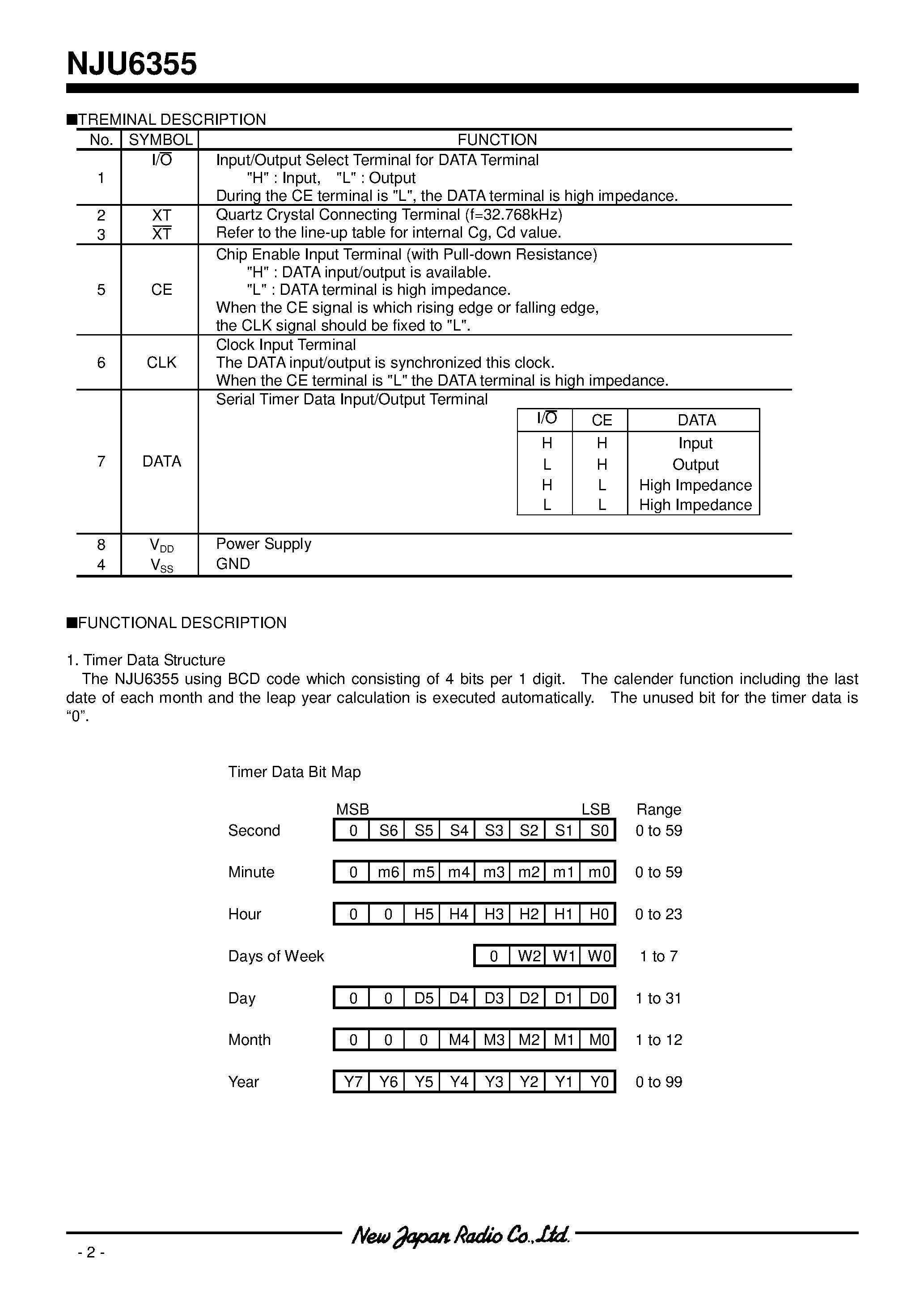 Datasheet NJU6355 - SERIAL I/O REAL TIME CLOCK page 2