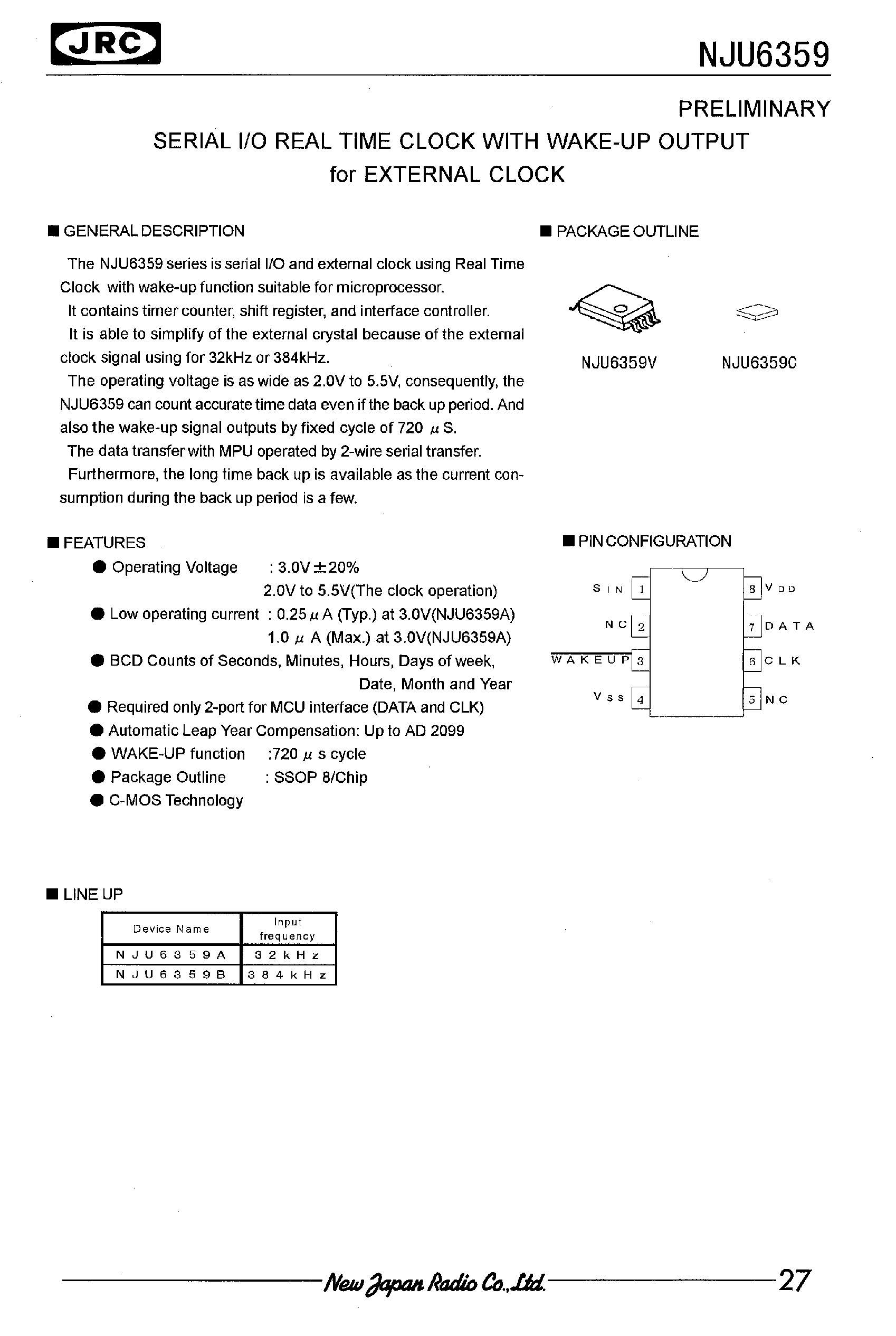 Datasheet NJU6359 - SERIAL I/O REAL TIME CLOCK WITH WAKE-UP OUTPUT for EXTERNAL CLOCK page 1