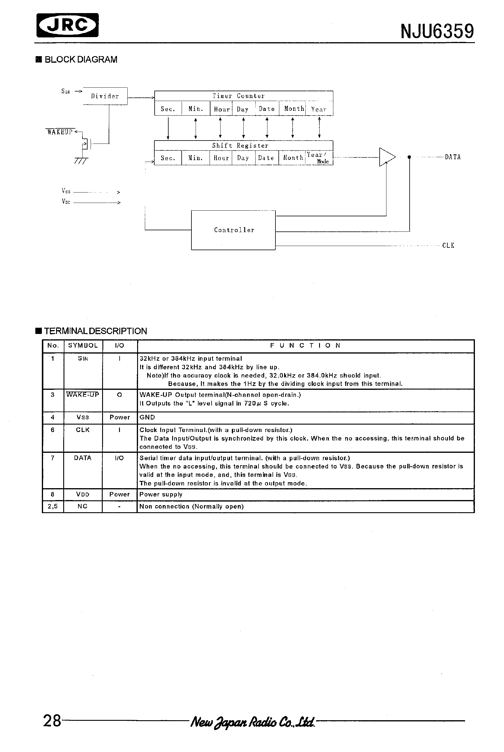 Datasheet NJU6359 - SERIAL I/O REAL TIME CLOCK WITH WAKE-UP OUTPUT for EXTERNAL CLOCK page 2